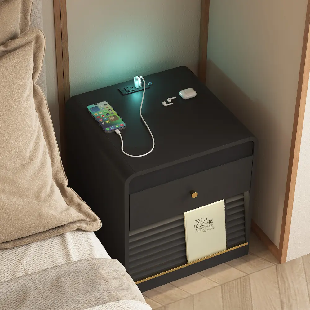 Littleox Nightstand with Charging Station, Smart Nightstand with Night Light,with Led Lights,Bedside Tables with Storage Cabinet for Bedroom,Black