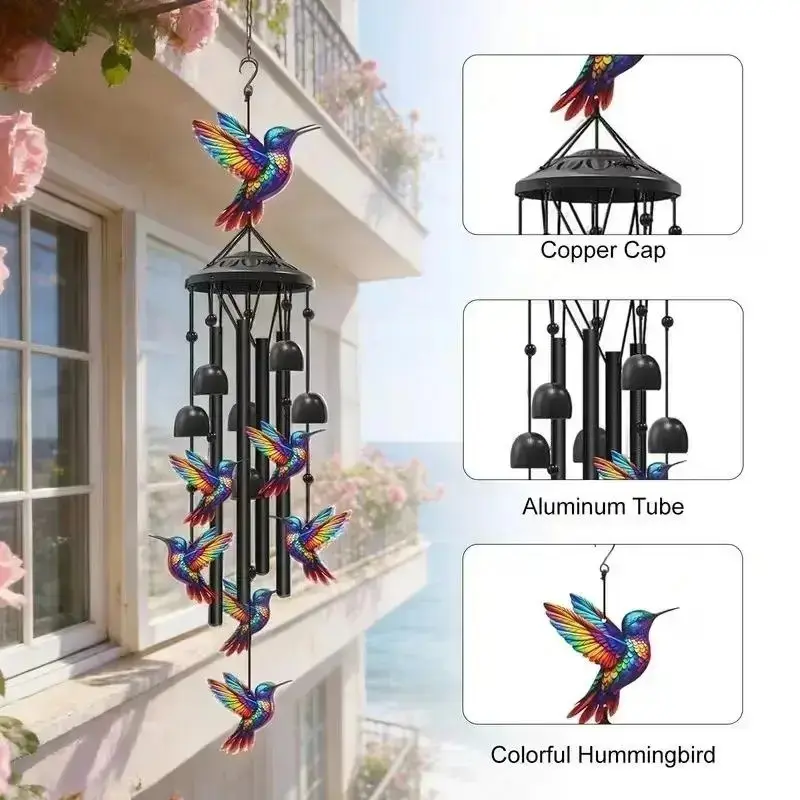 Rainbow Hummingbird Wind Chime, Vintage Metal Garden Accessories, Outdoor Patio Hanging Decor with Soother Sound, Bird Lover Gift