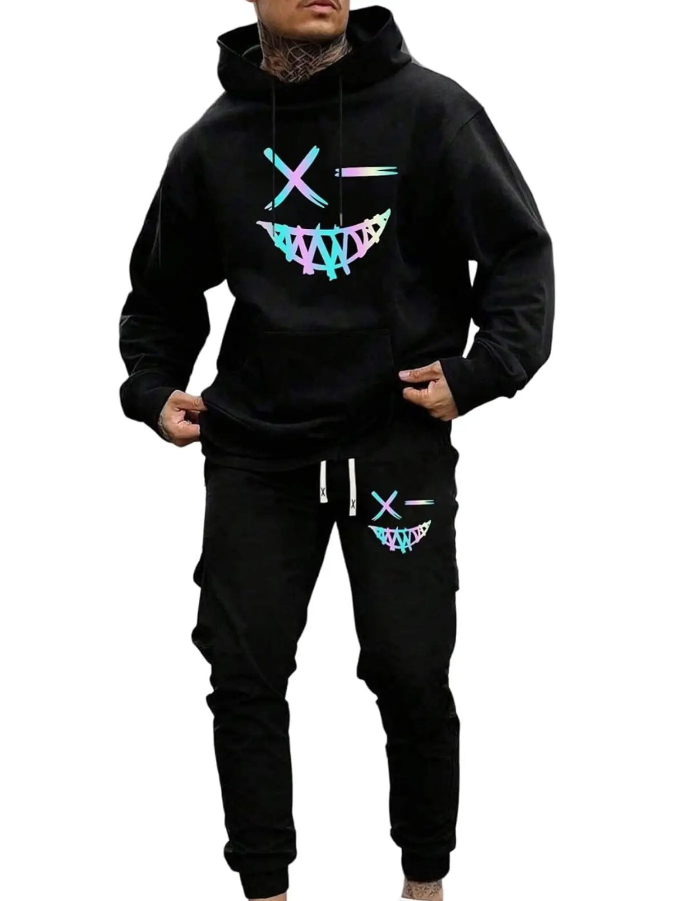 Gradient devil fork-eye smiley print hoodie and sweatpants trendy two-piece set