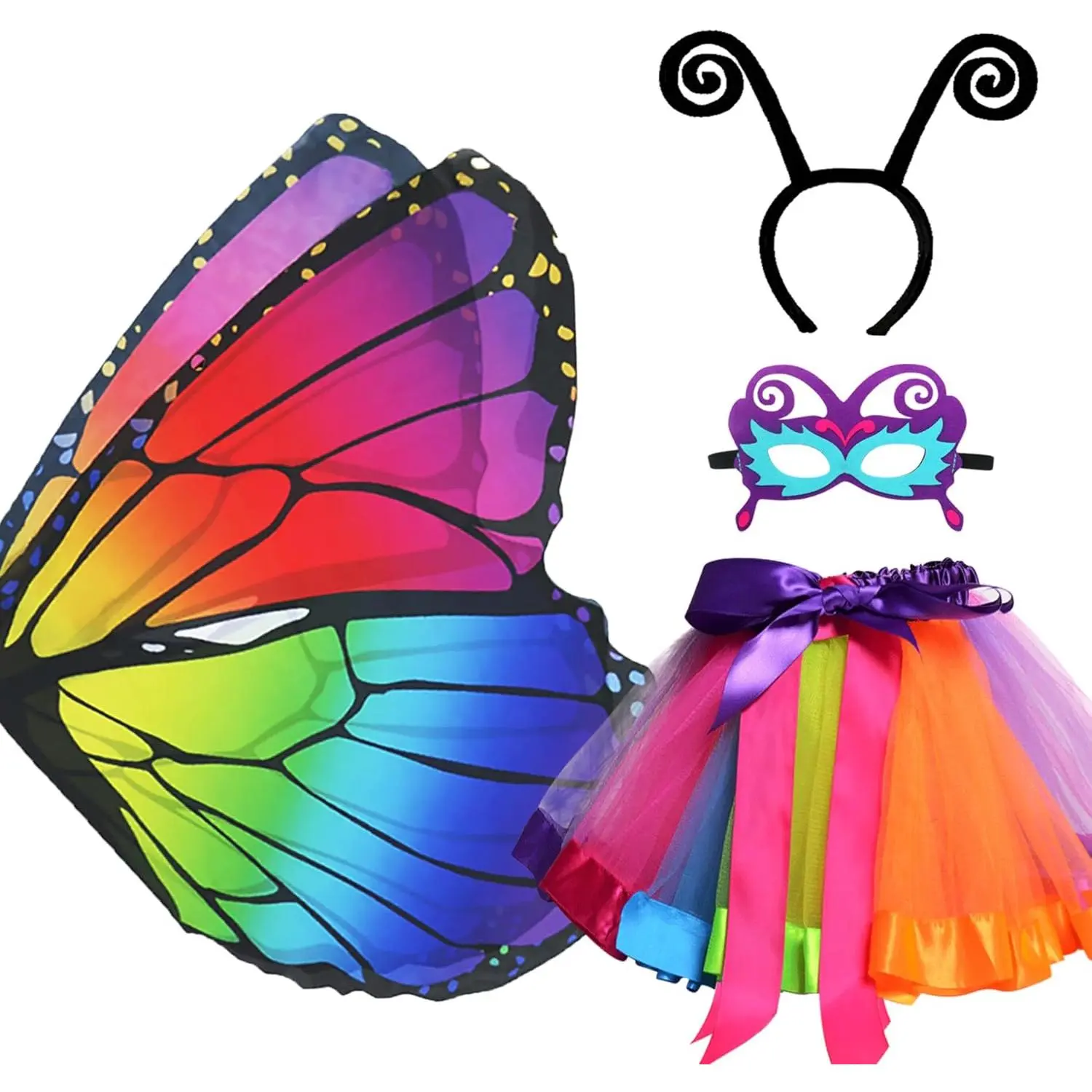 Fairy Butterfly-Wings Costumes for Girls Dress Up with Rainbow Tutu Mask Headband Bug Play Toys for Kids Party Gifts