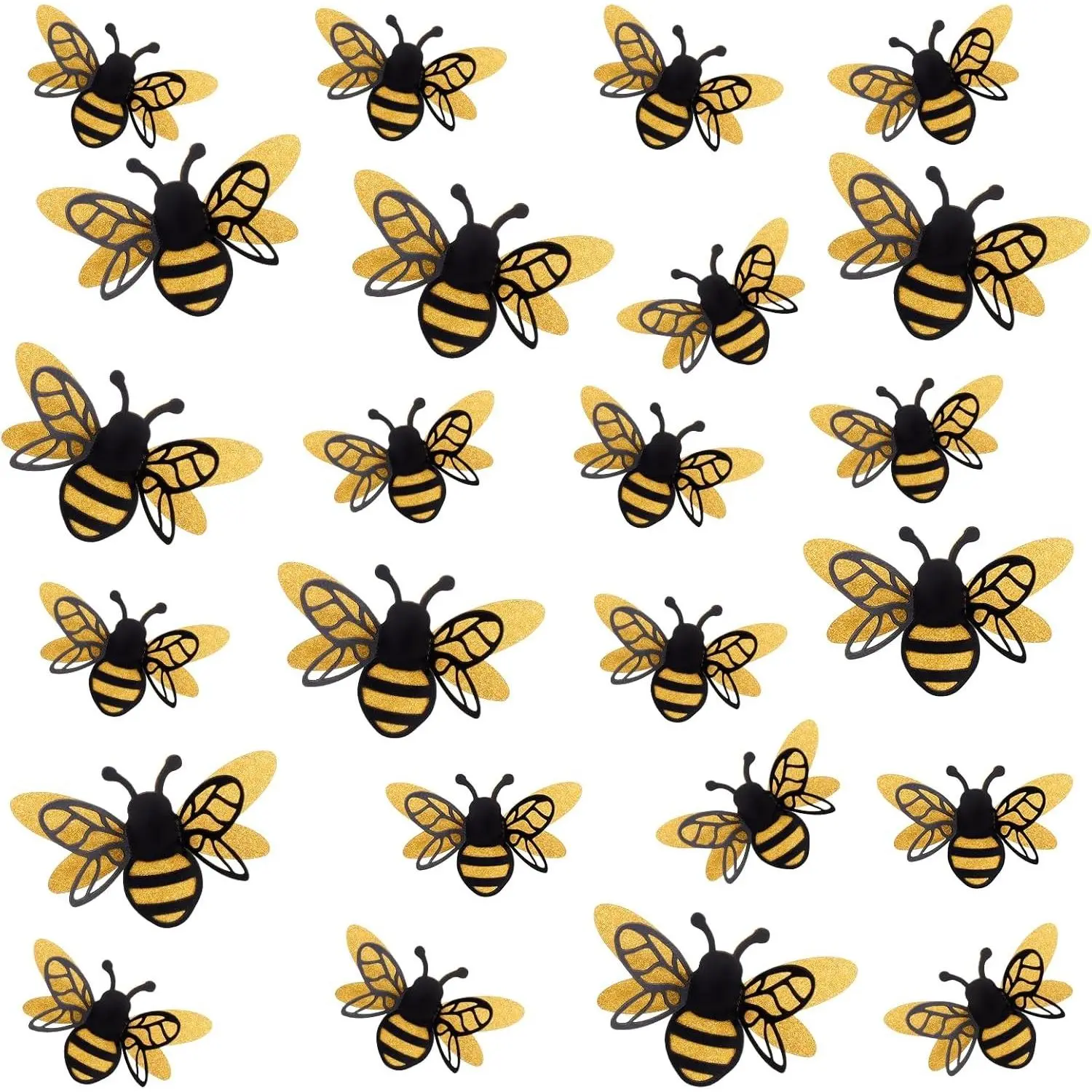 24 Pcs 3D Bee Decorations, 2 Size Double Layer Glitter Honey Bee Stickers Wall Decor, Realistic Shining Big Bumble Bees Cutouts Decals for Home, Party, Classroom, Outdoor Themed Decor
