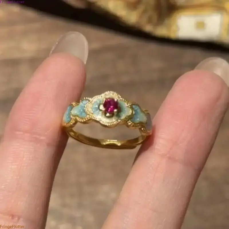 Vintage Blue Flower Enamel Drip Glaze Ring, New Chinese Elegant Palace Style Index Finger Ring, Ruby Emerald Solitaire Statement Engagement Ring for Women
