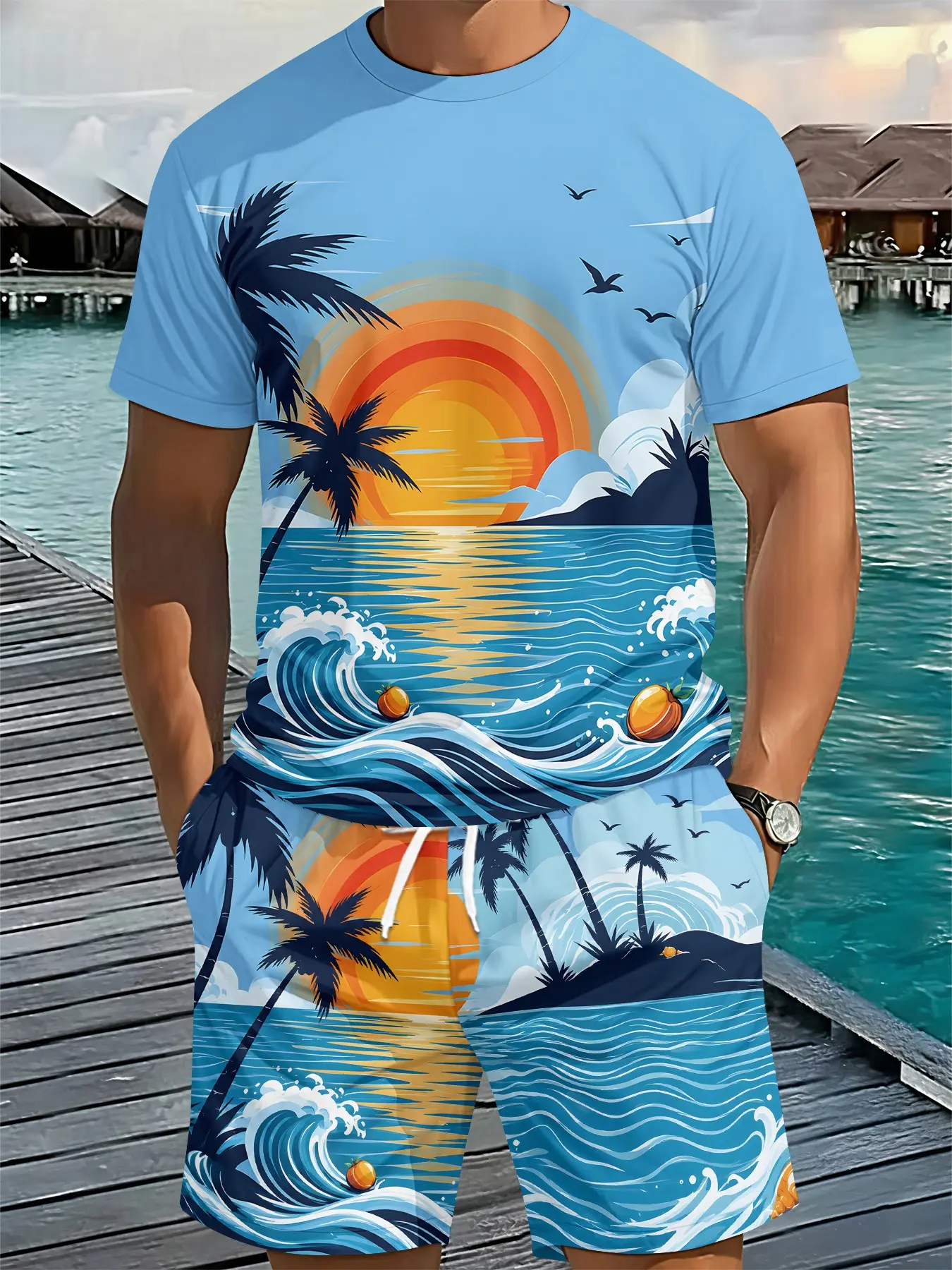 Men's two-piece set of short-sleeve top and shorts. Featuring seaside illustration prints of island sunsets, coconut trees and ocean waves on a light blue base, this refreshing vacation-style men’s outfit adopts 3D digital printing. It is comfortable, loo