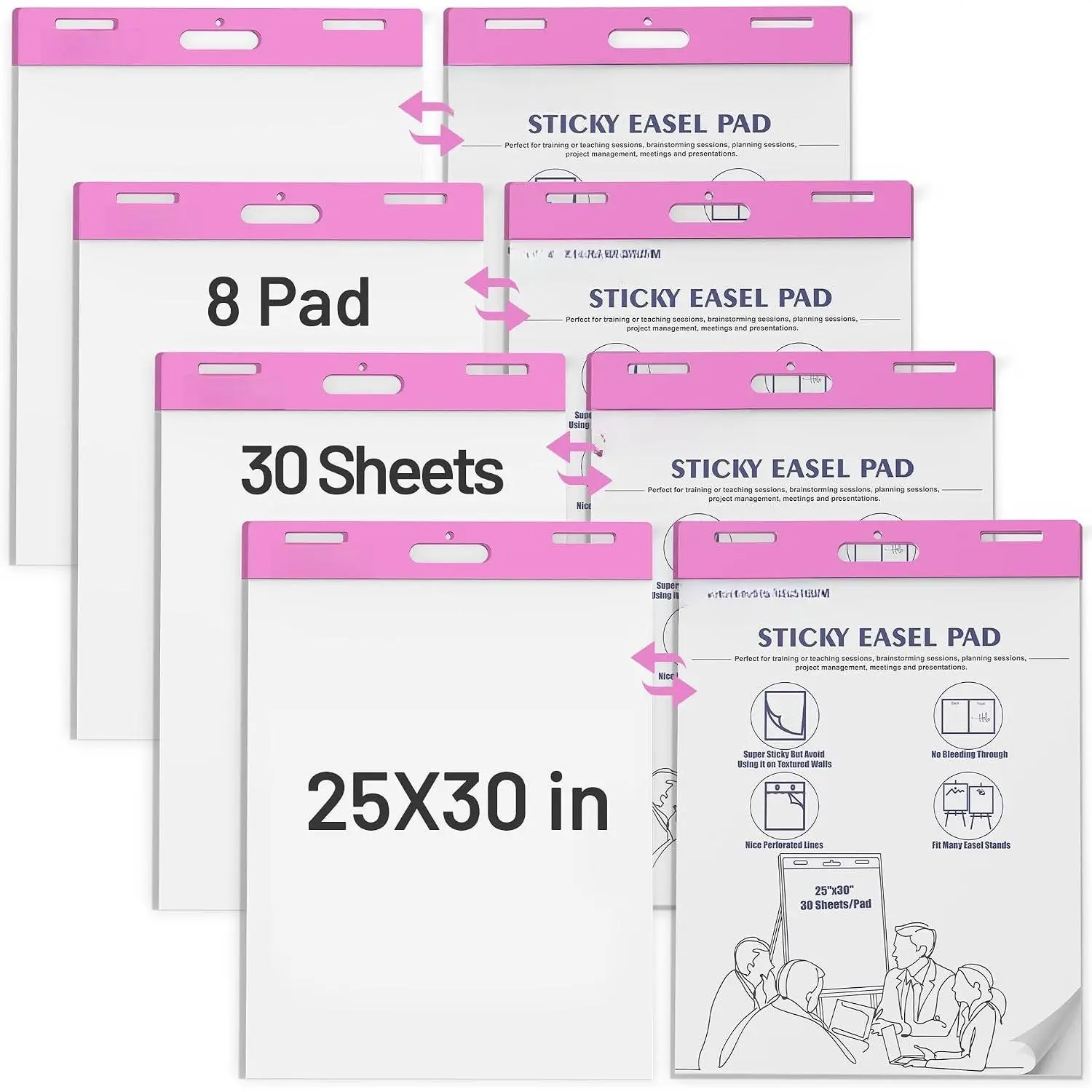 Super Sticky Easel Pad, 25 x 30 Inches, 30 Sheets/Pad, 8 Pads/Pack (), Large Self Stick Flip Chart Paper for Whiteboards,  White Chart Paper for Teachers, Office, and Classroom Supplies