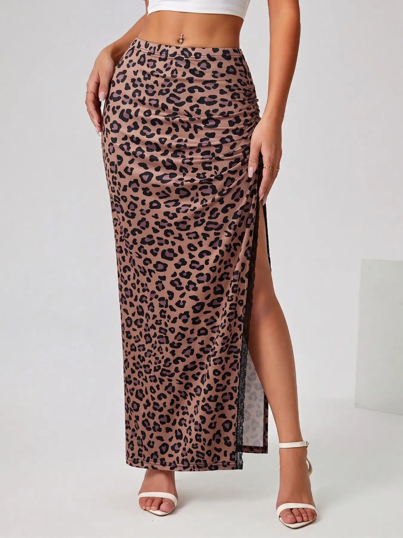 Women's Leopard Print Ruched High Slit Maxi Skirt, Y2K Casual Summer Clothes Women, Stretchy Bodycon Long Skirt, Fashion Slim Bottom for Streetwear, Party & Daily Outfit, 2026 Trendy Vintage Wild Summer Skirt