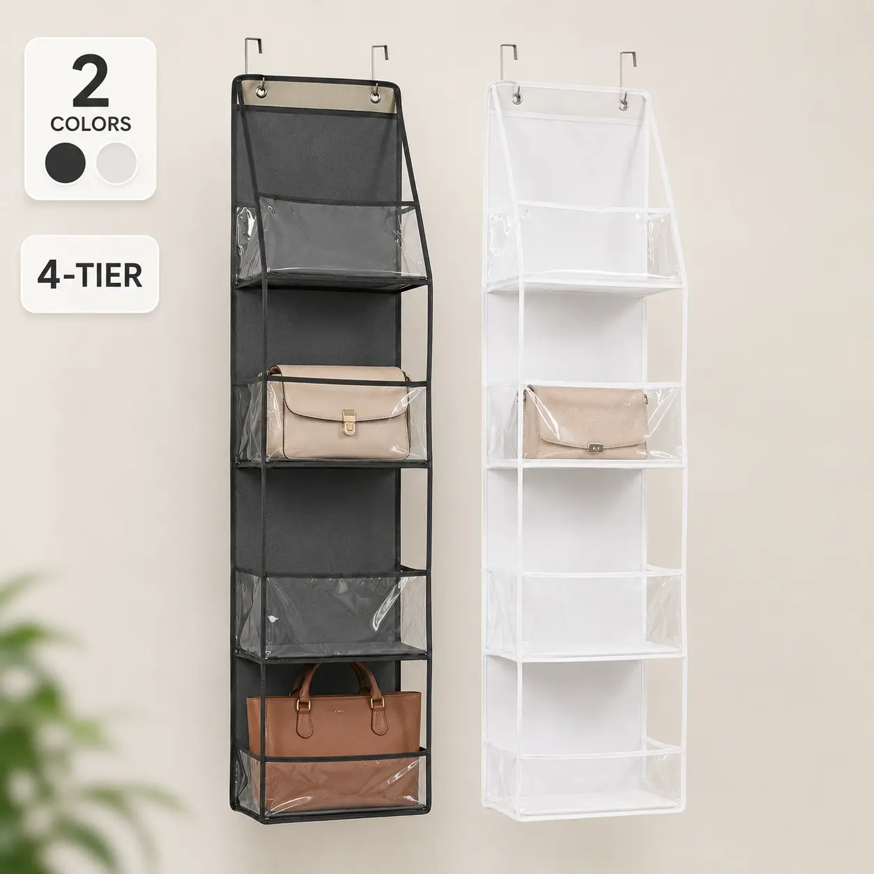 Over The Door Hanging Bag Organizer, 4-Shelf Shoe Storage Bag with 2 Hooks, Wall Mounted Storage Pockets for Bedroom, Bathroom, Dorm & Room Organization