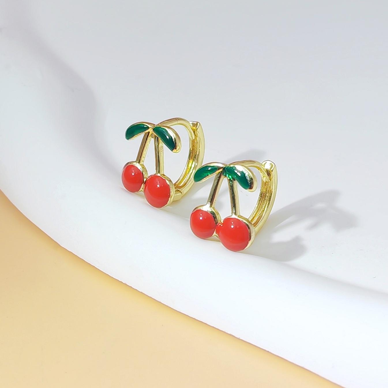 18K Gold Plated Cherry & Strawberry Enamel Hoop Earrings for Women, 3D Stereo Design, Cute Trendy Y2K Aesthetic Jewelry, Lightweight & All-Match for Daily Wear, Dates, Parties & Gift Giving