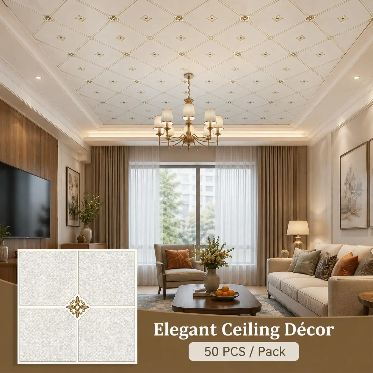 50pcs Self-Adhesive Waterproof Ceiling Stickers, Living Room Bedroom Roof Decor, Mold Proof, Easy Cut and Remove, Wall Decal