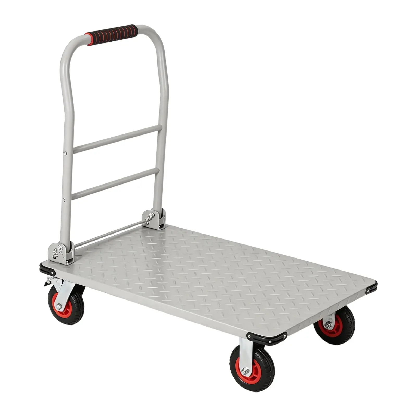Heavy Duty Foldable Platform Hand Truck rated 1800LBS loading capacity, flatbed dimension 36''×24'', equipped with 6-inch swivel casters with locking brakes, collapsible flat dolly ideal for warehouse cargo transport, garage storage sorting