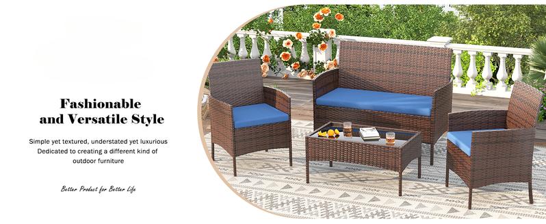 Amopatio Patio Furniture Set 4 Pieces w Glass Table, Small Outdoor Rattan Wicker Conversation Set for Family Party,Backyard,Garden,Beck,Porch
