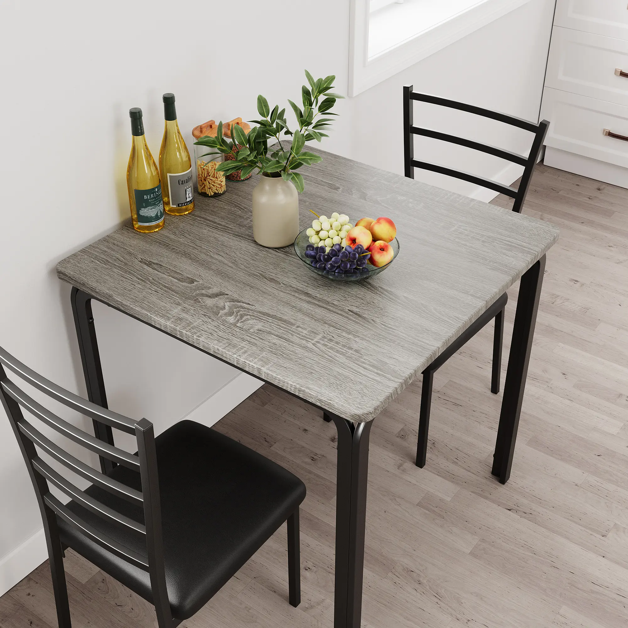 3-Piece Dining Table Set for 2, Space Saving Kitchen Table and Chairs Set, 29" Square Grey Wood Look Tabletop with 2 Padded Metal Chairs, Compact Breakfast Table Set for Small Spaces, Apartment, Bistro