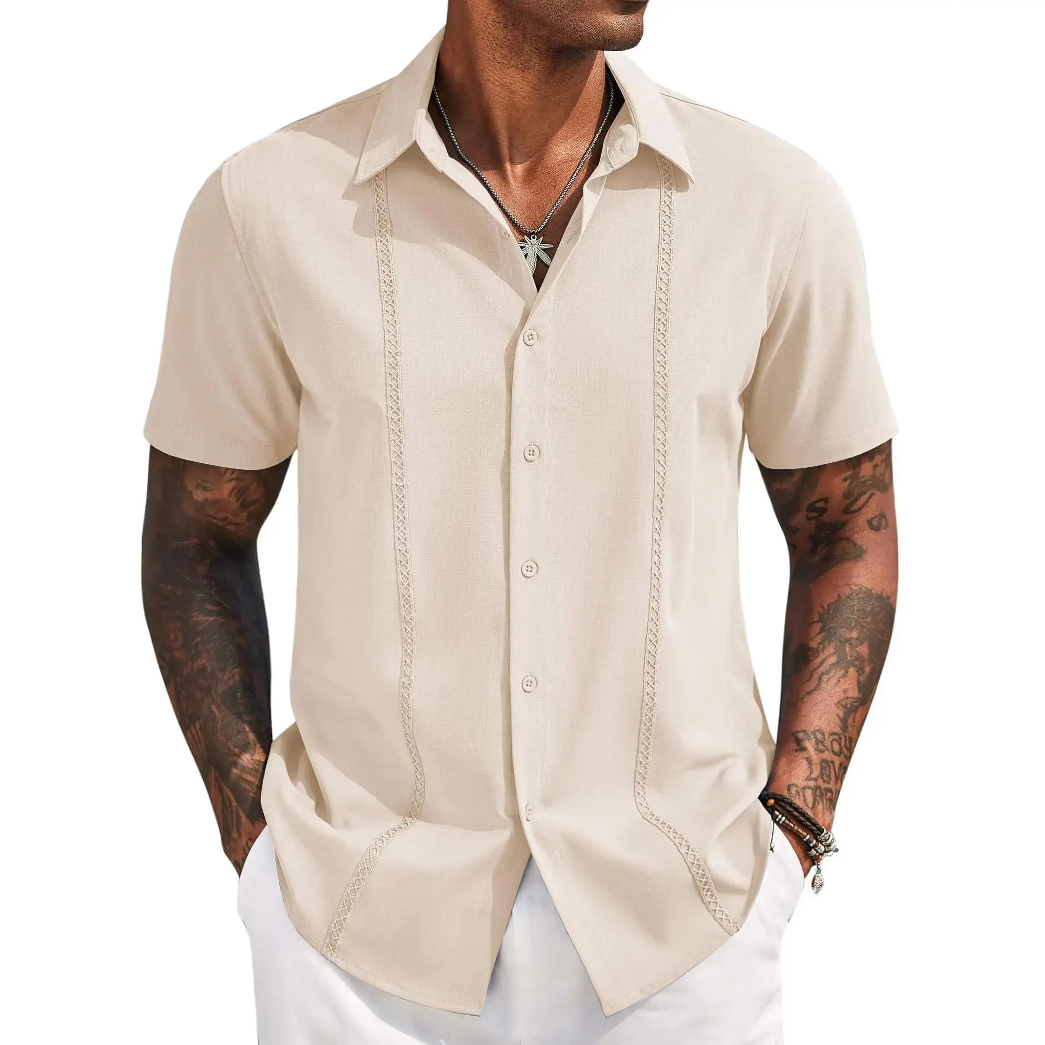Mens Cuban Guayabera Short Sleeve Shirt Casual Summer Beach Tops Button Down Untucked Shirts