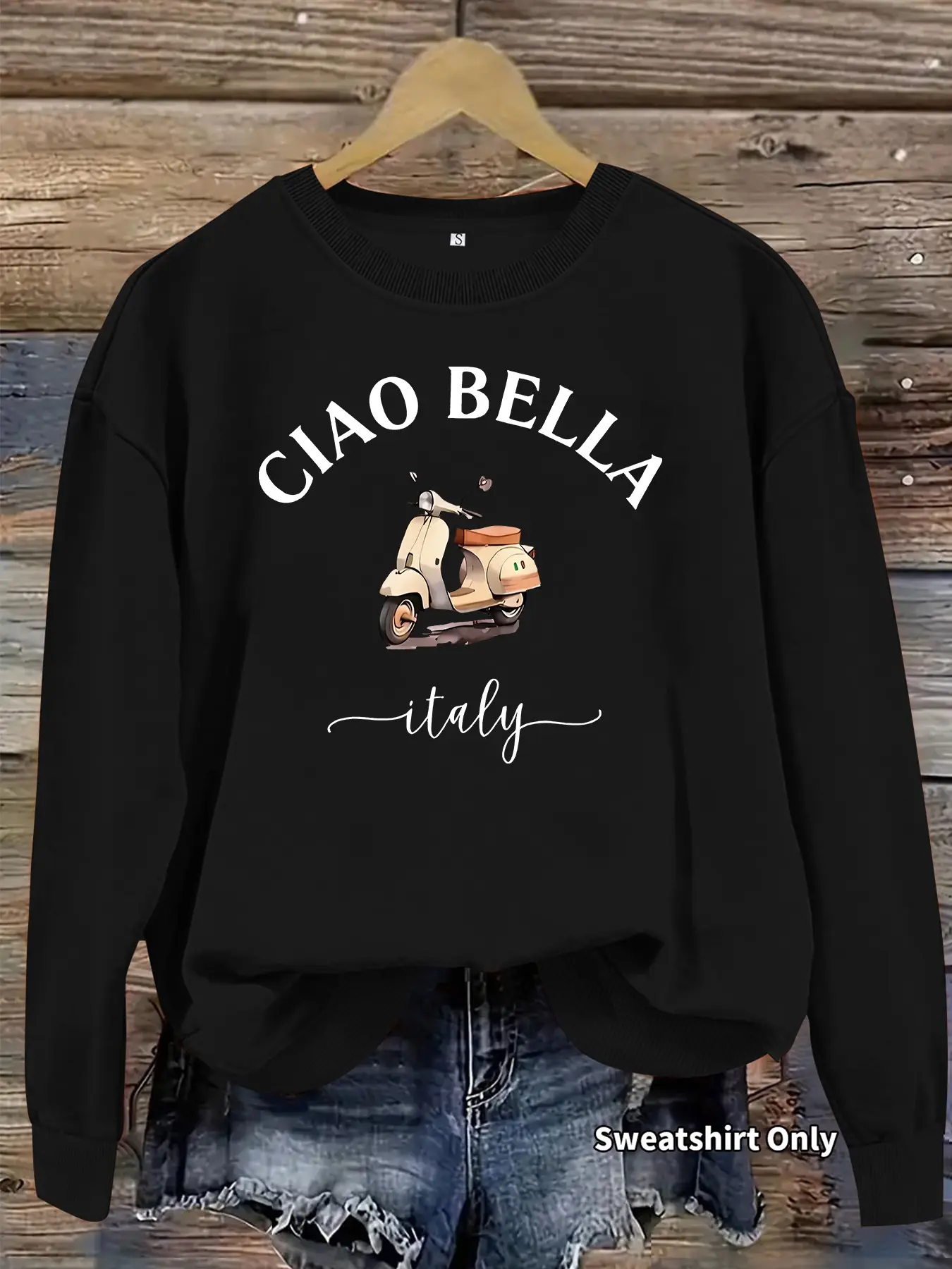 Women's Casual Round Neck Fleece Sweatshirt, Ciao Bella Skateboard Graphic Print, Four-Season Fashion Top, Comfort