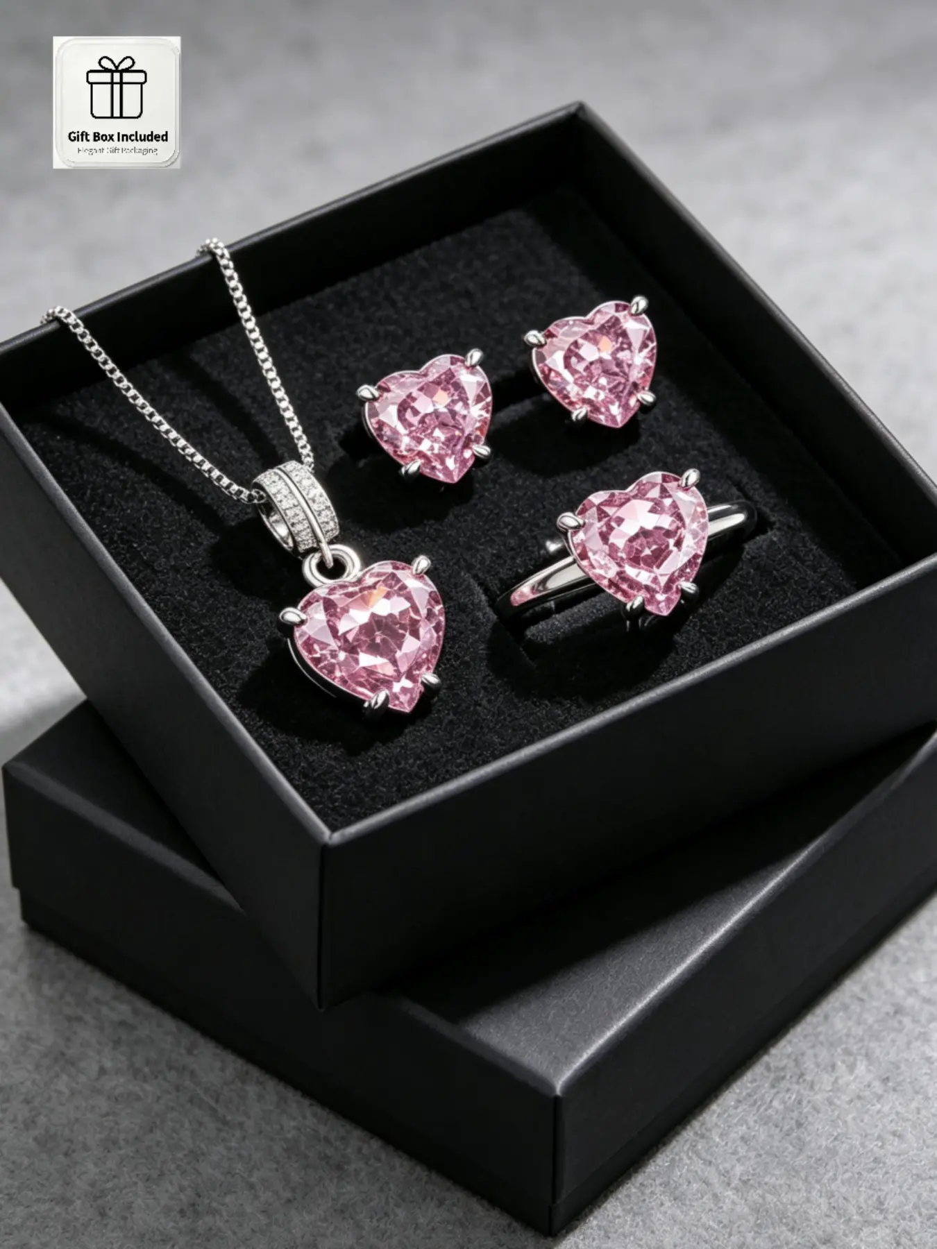 3Pcs Heart Cut Pink Jewelry Set Heart Pendant Necklace Stud Earrings Adjustable Open Ring Four Prong Cubic Zirconia Gift Box For Her Gift For Girlfriend Romantic Anniversary Confession Sentimental Collectible Ornament