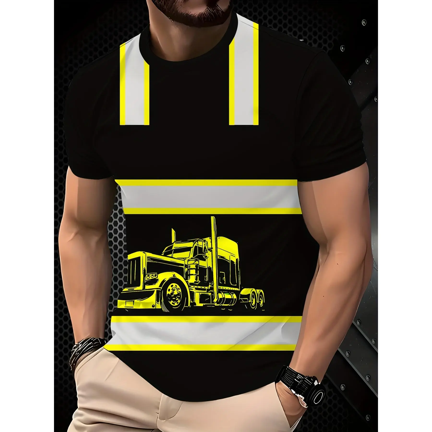 Men’s Full Print Semi-Truck Driver Crew Neck Tee, Neon Accent Quick Dry Breathable Work Top, Non-Fluorescent Machine Washable Summer Short Sleeve