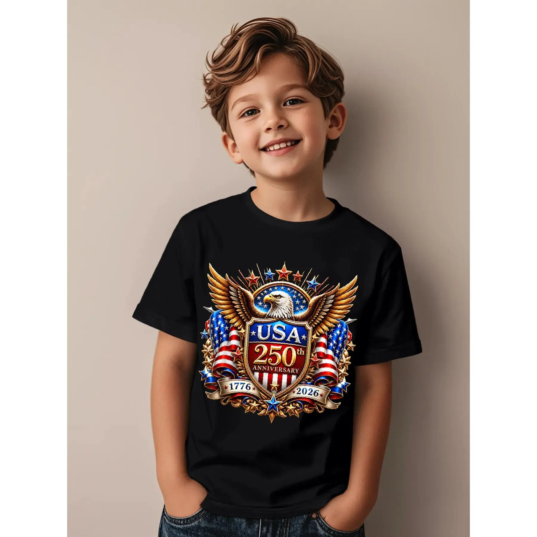 250 Years American 250th 4th of July Anniversary 1776-2026 Novelty Aesthetic Graphic Kid T-Shirt Casual Kid T Shirts Streetwear Tees Tops for Kid