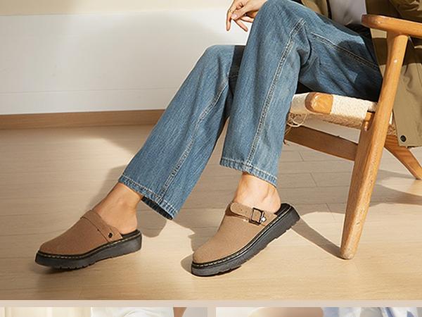 Women's Slip-on Suede Clogs Comfortable Latex Footbed Slingback Mules with Adjustable Strap for Work Walking Daily Wear Taupe Footwear