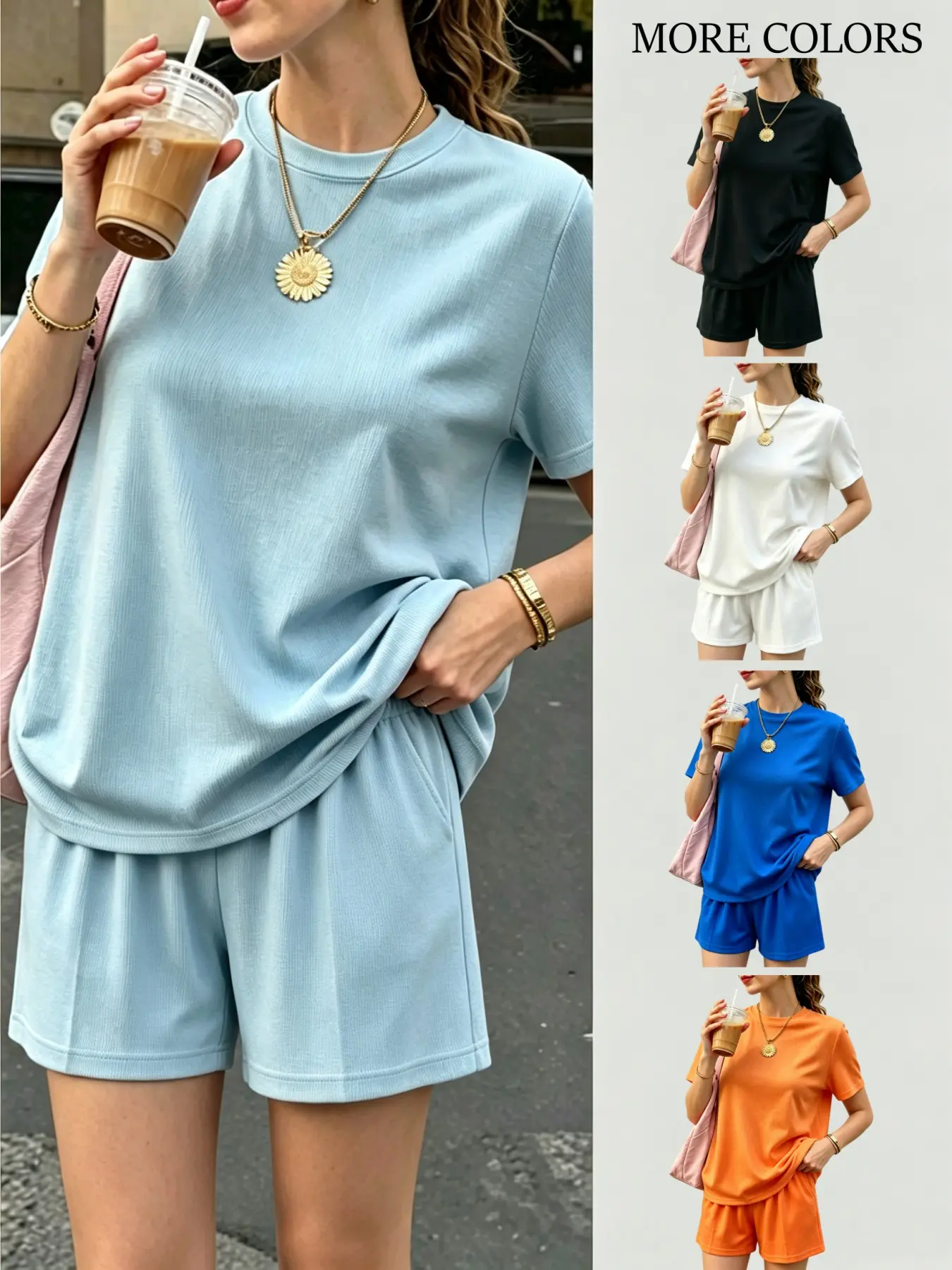 Women's Sporty Casual Set, Workout Sportswear, Ribbed Elastic Round Neck Short Sleeve T-Shirt, Breathable Pocket Shorts, Ideal for Running, Workout, Fitness