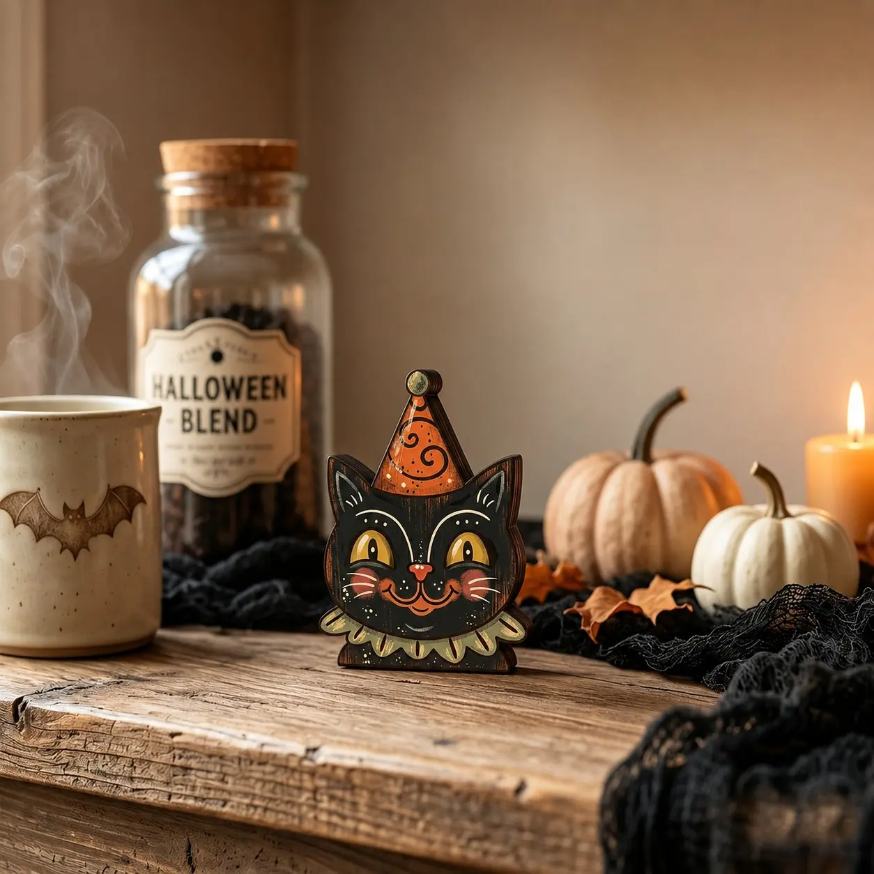 Vintage Halloween Decorations, Halloween Themes, Retro Wooden Shelf Ornaments, Cute Ghosts, Pumpkins, Cats, Skulls, Witch Owls, Moving Gift, Home Kitchen Items
