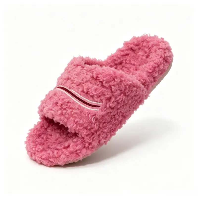 New Arrival Fall Winter Fluffy Curly Plush Slide Slippers, Unisex Striped Detail Open Toe Fuzzy Slippers, Warm Comfort Non Slip Indoor Outdoor Couple House Slippers for Men and Women