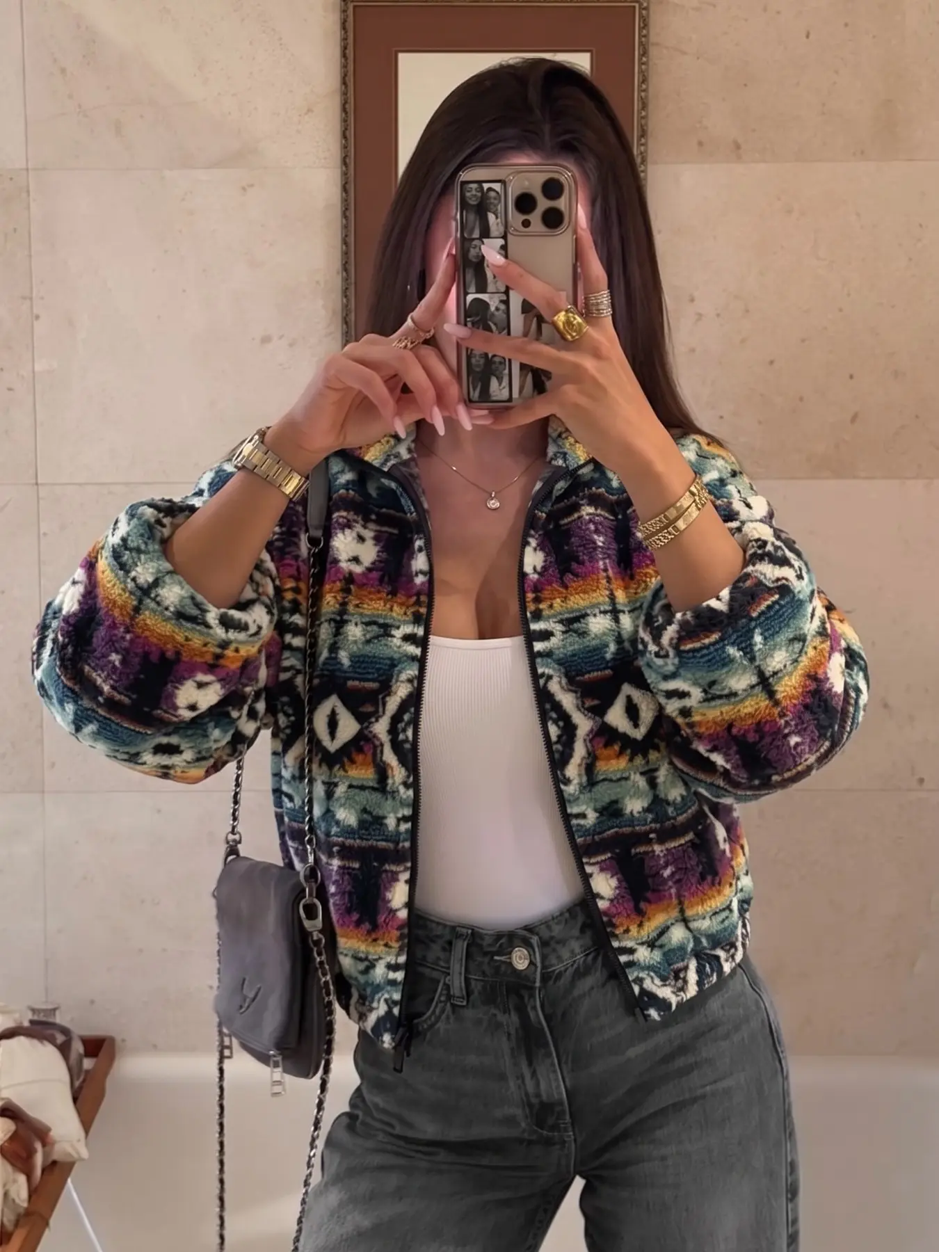 Women's Aztec Tribal Print Fleece Cropped Jacket, Zip Up Stand Collar Long Sleeve Coat, Vintage Western Ethnic Pattern Shaggy Sherpa Outerwear, Fashion Casual Short Jacket for Streetwear, Travel & Daily Outfit, 2026 Trendy Warm Loose Fit Fluffy Coat