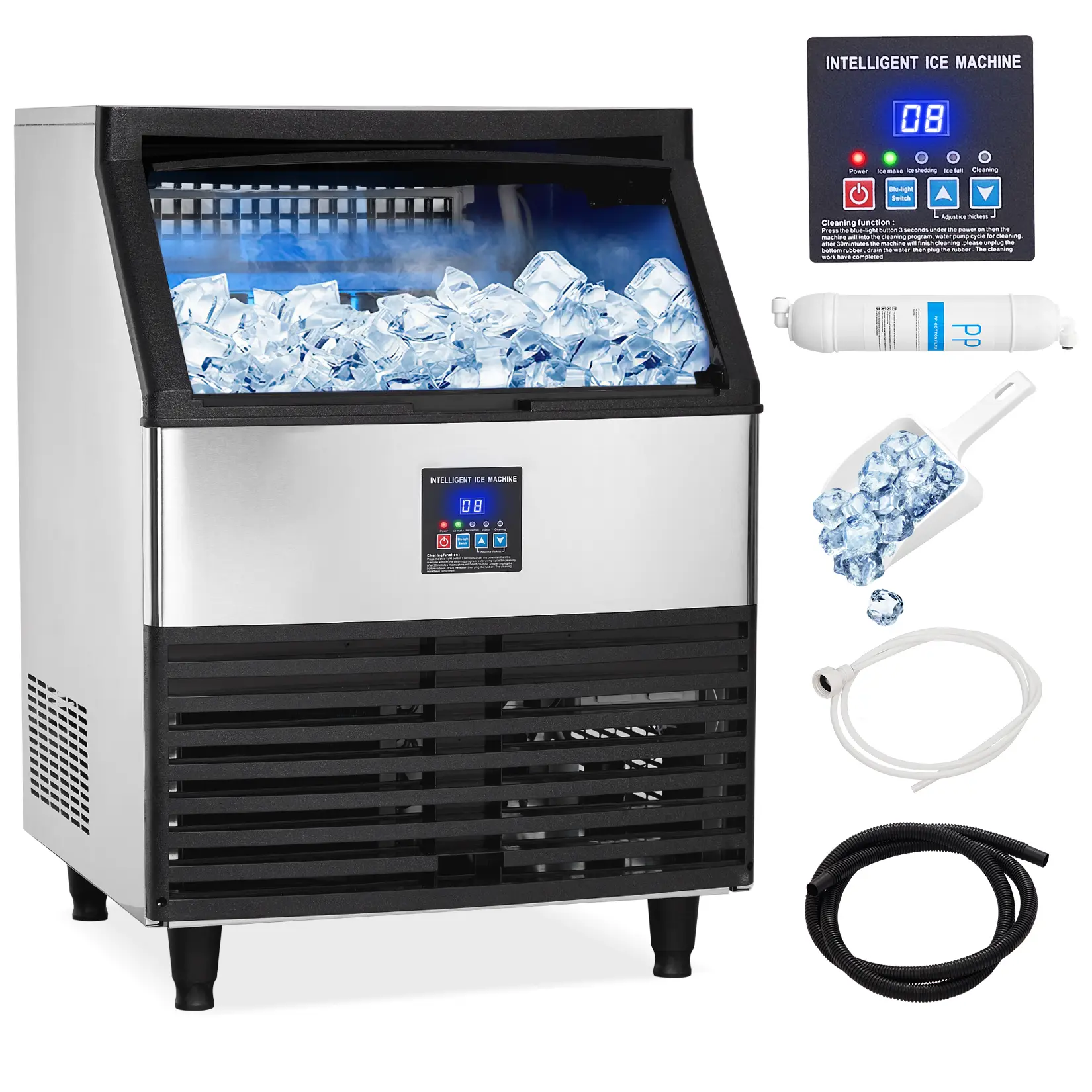 Commercial Ice Maker 110 Lbs/24H, Stainless Steel Free Standing Ice Cube Maker with 27 Lbs Storage Bin, Self Cleaning Ice Maker with Lcd Panel for Bar, Restaurant, Office