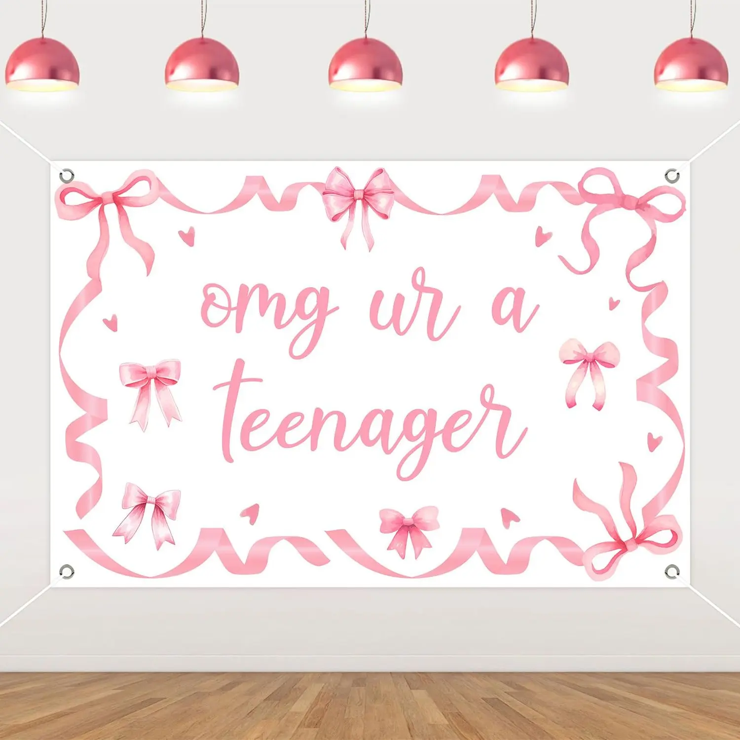 Pink Bow Cloth 13th Birthday Backdrop Banner for Girls, 492x328ft Princess Themed Decor, OMG Ur A Teenager & Cheers to 13 Bday Supplies
