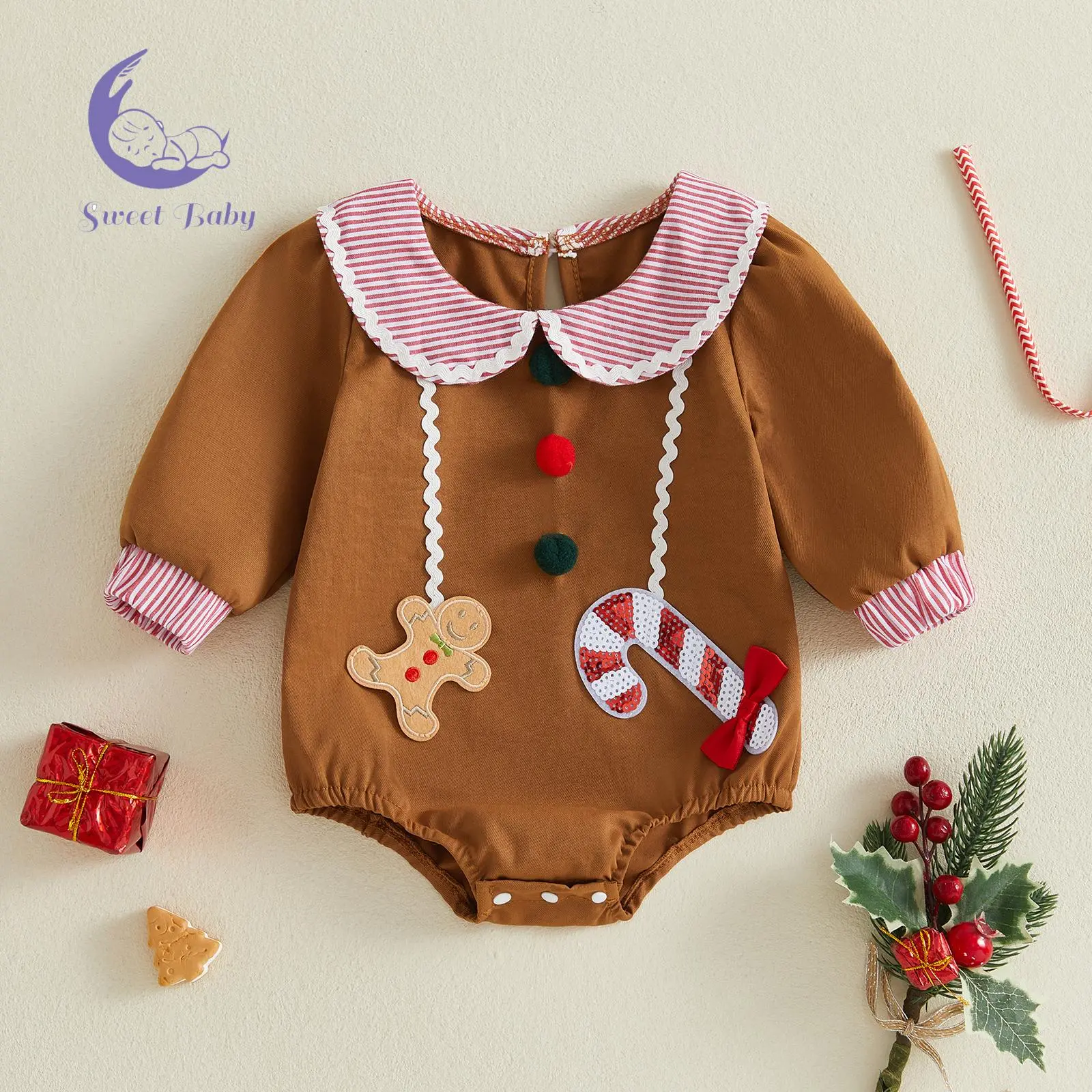 Baby Girl Polyester Christmas Romper - Infant Long-Sleeve Doll Collar Sweet Gingerbread Bodysuit
