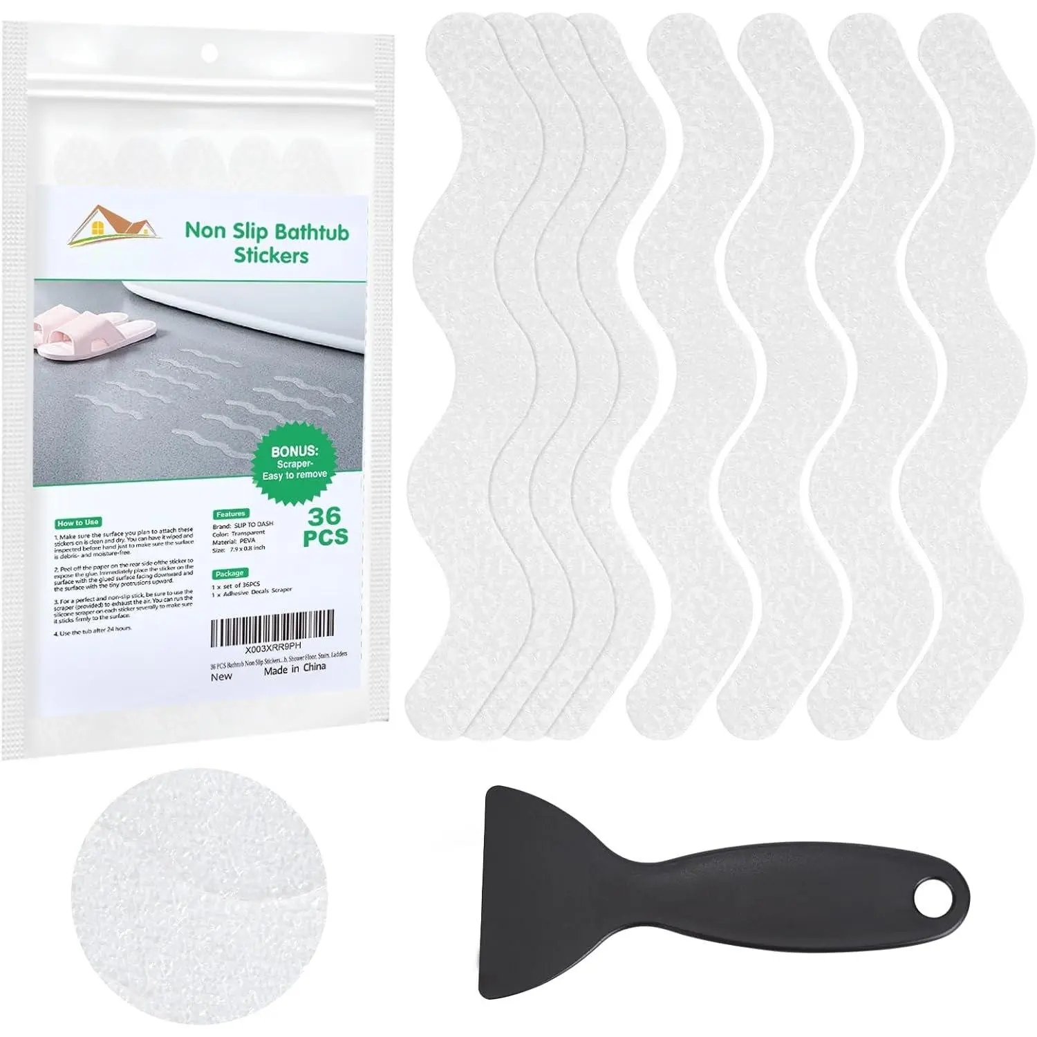 36 count Bathtub Non  Stickers, Anti  Shower Stickers, Shower Non  Stickers with Scraper for Bath Tub, Shower Floor, Stairs, Ladders