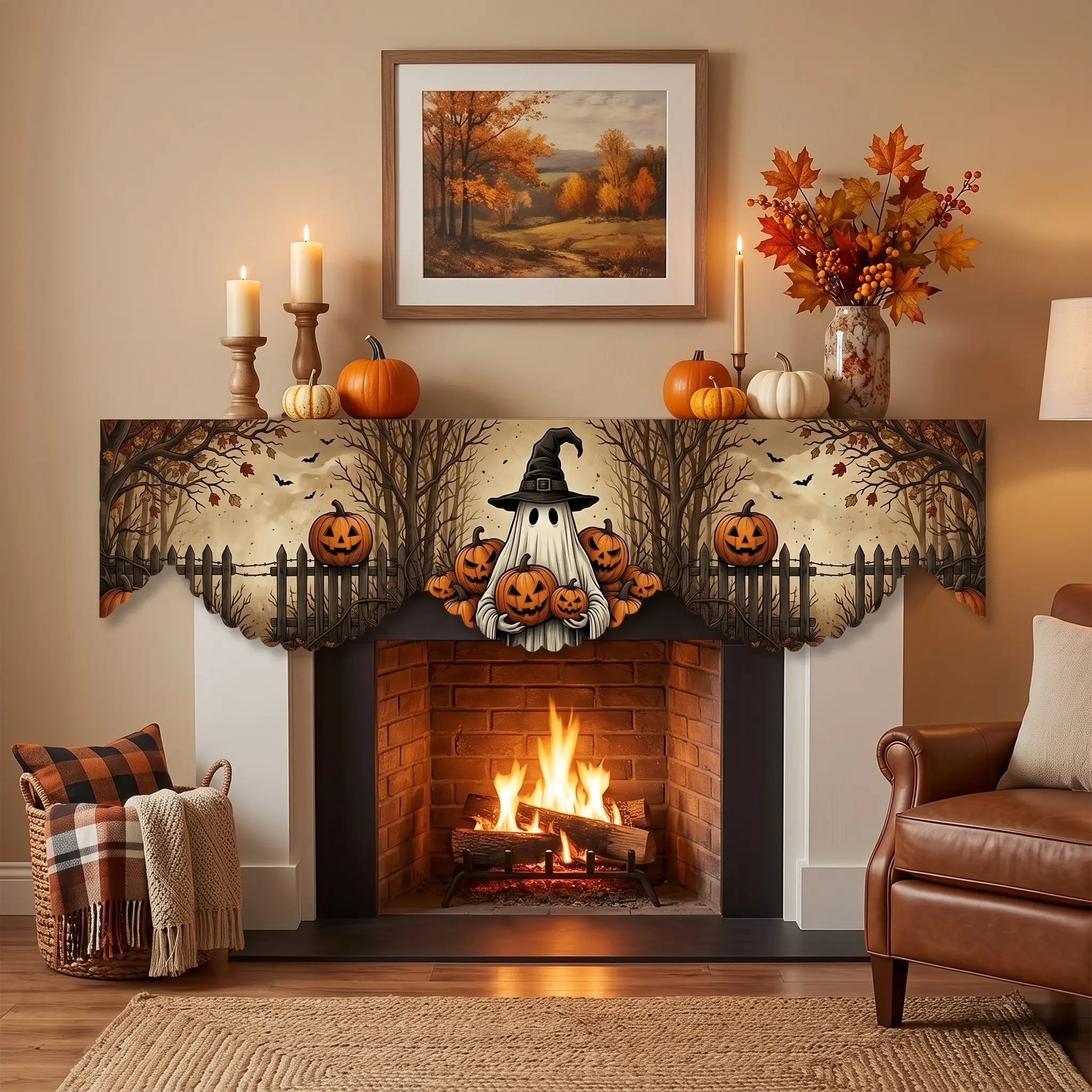 Halloween Fireplace Mantel Scarf, Farmhouse Style Rustic Spooky Mantel Cover, Witch Pumpkin Bare Tree Pattern, Polyester Table Runner