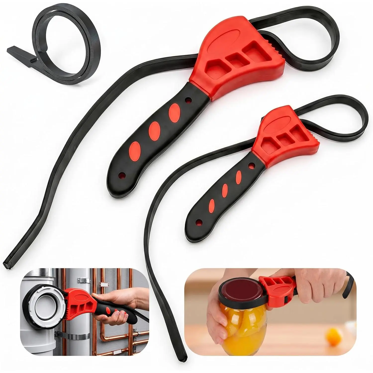 2-Pack Adjustable Rubber Strap Wrench Set – 6" & 8" Multi-Purpose Belt Wrench for Plumbing, Oil Filter Removal, Jar Opening – Non-Slip  Grip, Ideal for Weak Hands & Tight Spaces