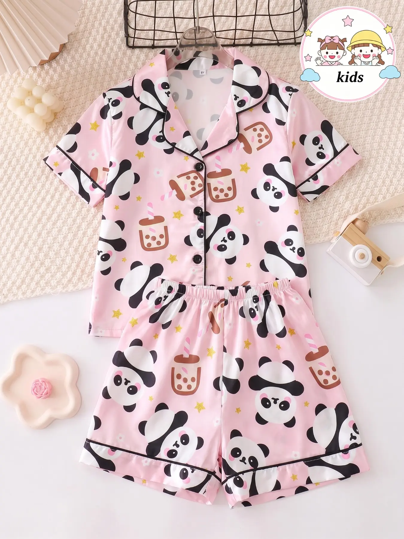 Girls' Cute Panda Milk Tea Print Pajama Set, Soft Chiffon Material, Button Front Short Sleeve Top + Elastic Shorts, All Seasons Comfortable Cartoon Print Sleepwear