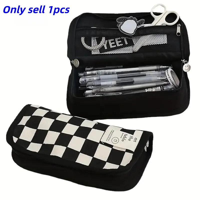 Large Capacity Pencil Box, Chessboard Design Canvas Multi-Functional Pencil Bag, Back-To-School Gift, Holiday Gift Idea, Office Stationery Supplies, Office Desk Accessories, Writing Stationery