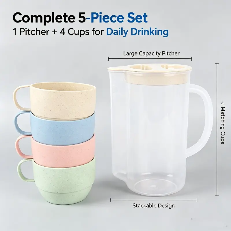 Water Pitcher with 4 Cups Set, Transparent Drinking Jug with Colorful Stackable Cups for Home, Breakfast, Party and Outdoor Use