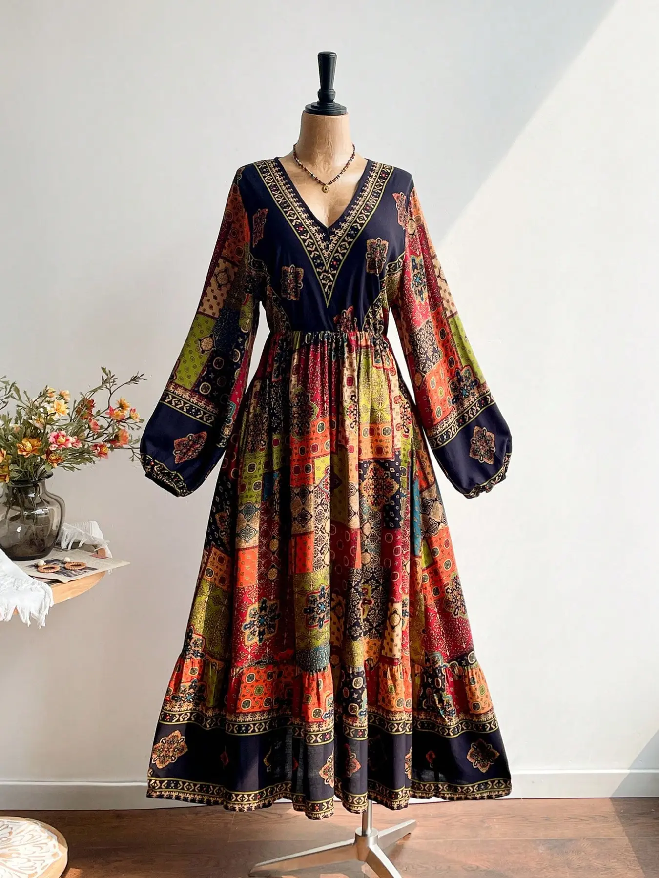 Plus Size Women's Christmas Halloween New Year Party Boho Aesthetic Patchwork Print Long Dress, Lantern Sleeve Maxi Gown for Tea Parties