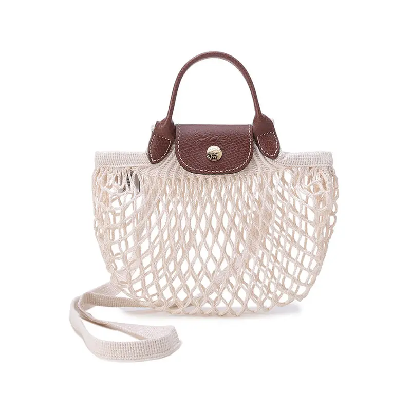 Longchamp Le Pliage Filet 17 Mini Handbag for Women – Casual Cotton-and-Leather Mesh Tote in Linen