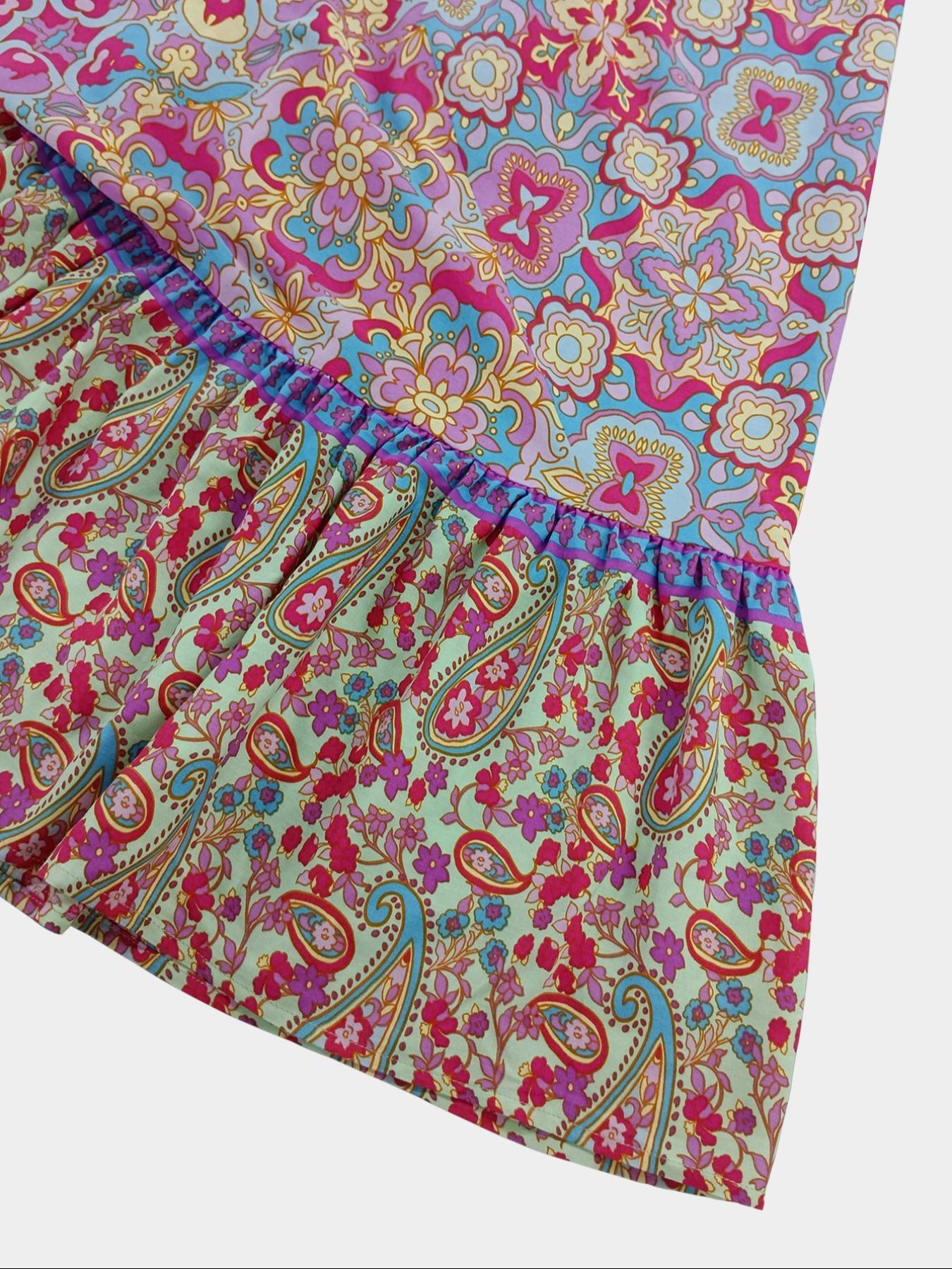 【Plus Size】 Floral Print Short Sleeve Dress, Boho Fashion Casual Dress for Beach Holiday Vacation, Women's Plus Clothing for Summer, Bohemian, Bohemian Casual Wear, Boho Summer Outfit