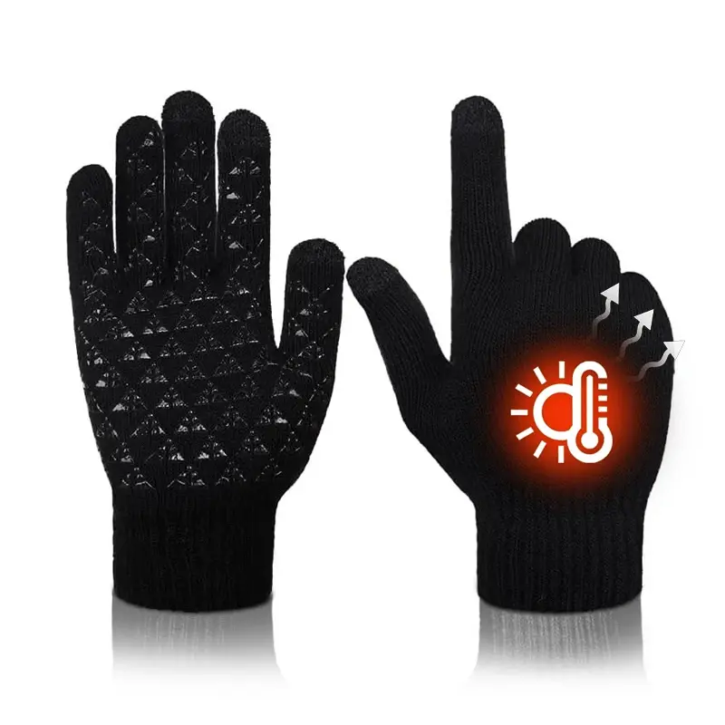 Thermal Knit Winter Gloves, Unisex Touch Screen, Silicone Anti Slip Palm, High Stretch, Elastic Cuff, for Driving, Typing, Running, Ski, Daily Use
