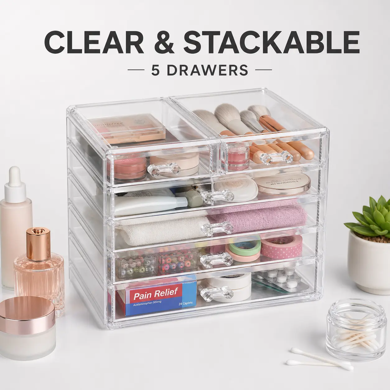 Acrylic Clear Stackable Storage Drawers, 5-Drawer Large Plastic Organizer for Vanity Counter, Bathroom Medicine, Craft and Beauty Supplies, Pack of 1, Storage Organization