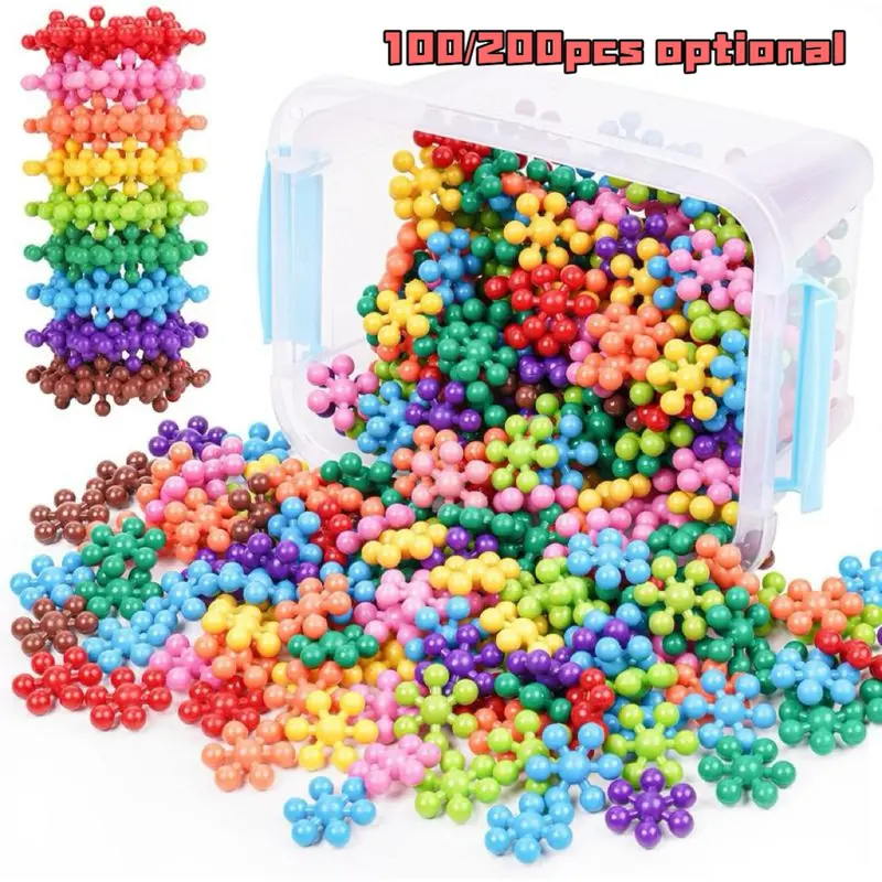 100/200 Random Color Snowflake Building Blocks Set, Buildable Blocks, 3D Puzzle Assembly Educational STEM Toy for Kids 3+, Safe Plastic Early Education Creative Toy, Ideal Birthday & Christmas Gift