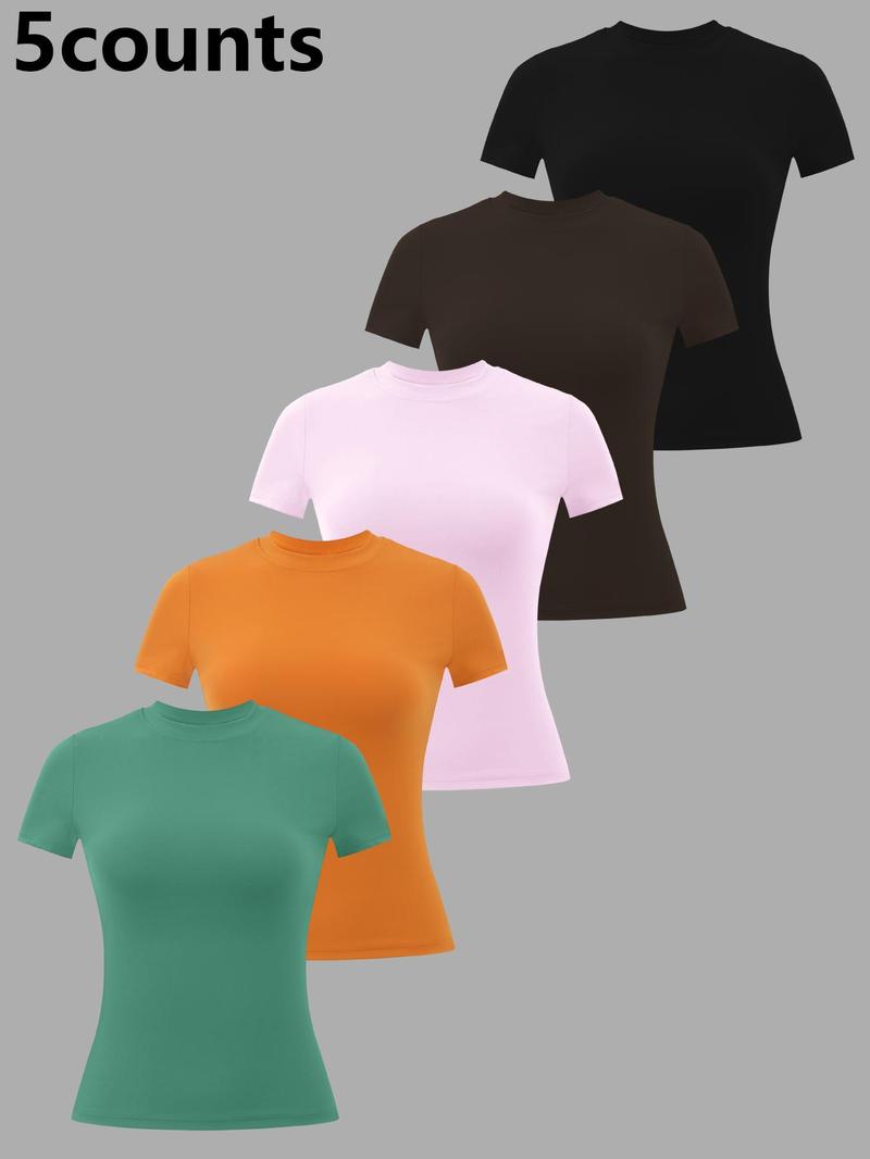 5 Counts Women's Patchwork High Elastic Soft and Comfortable Round Neck Flat Shoulder Short Sleeve Yoga Clothes Four Seasons Outdoor Running Cycling Mountain Walking Shopping Home Fashion T-shirt  Gym sports training versatile short sleeve