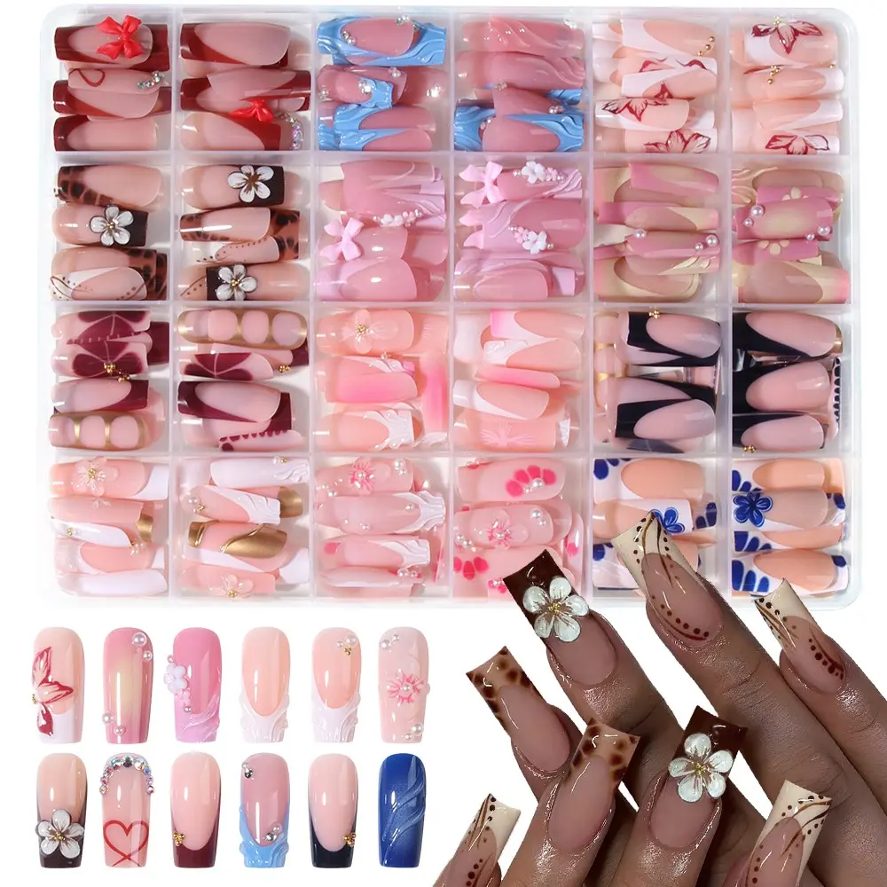 288pcs Long Square Fake Nails, 3D Gel Flowers, Bowknot Designs, Nail Art Supplies, Perfect for Daily Commute, Dates, Spring, Korean Style