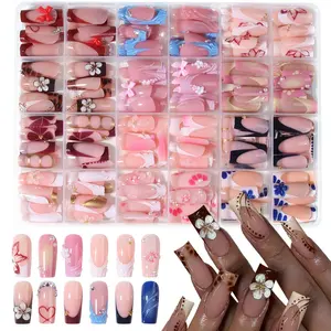288pcs Long Square Fake Nails, Blue, 3D Gel Flowers, Bowknots, Rhinestones, Perfect for Daily Use, Parties, Various Occasions
