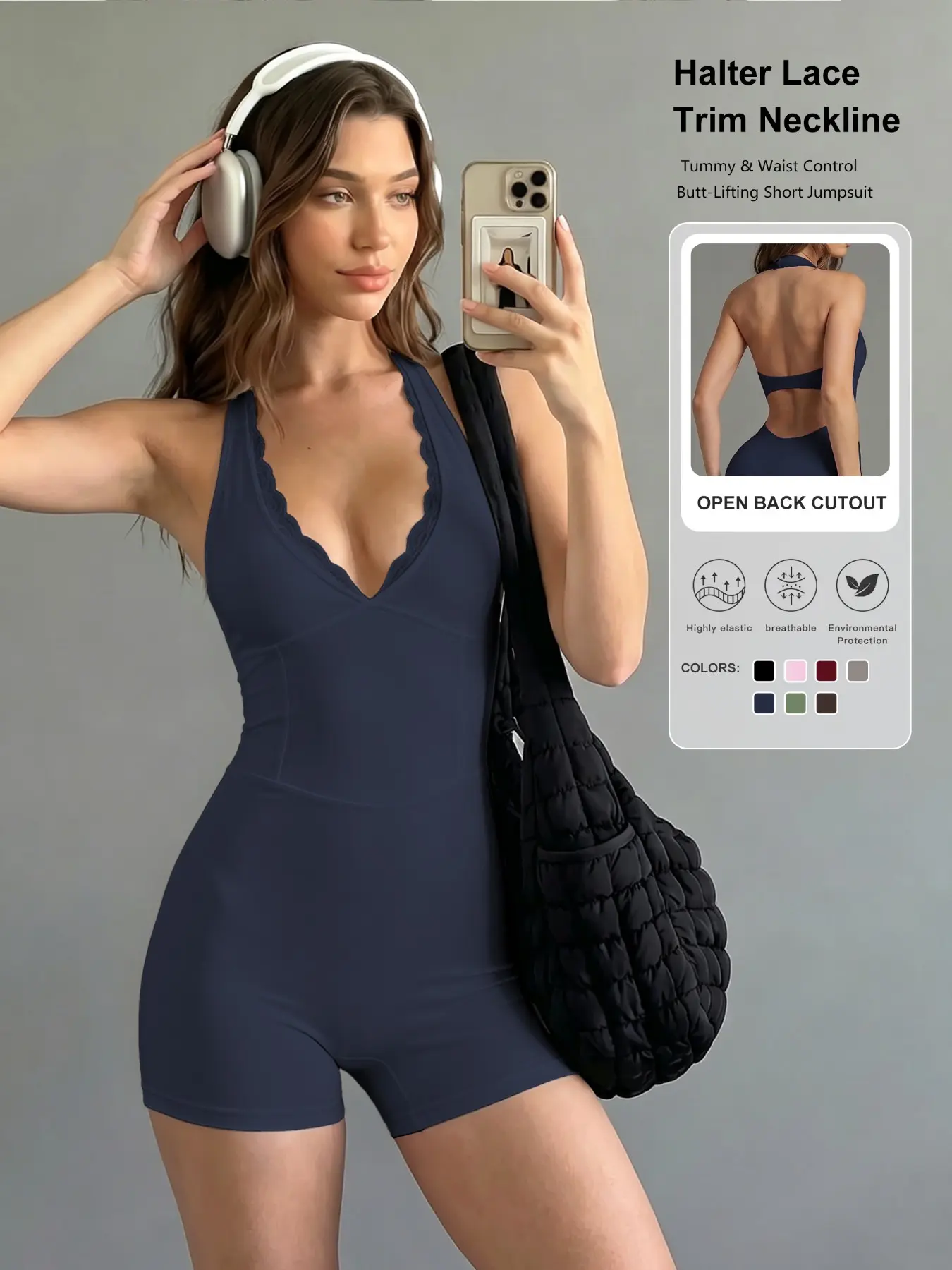 Women's Lace Patchwork Jumpsuit, V-Neck Padded Design, Slim Fit, Sleeveless, Sporty Style, Sports Jumpsuit, Workout Fitness Jumpsuit, Yoga & Fitness, All Seasons, Music Festival Wear