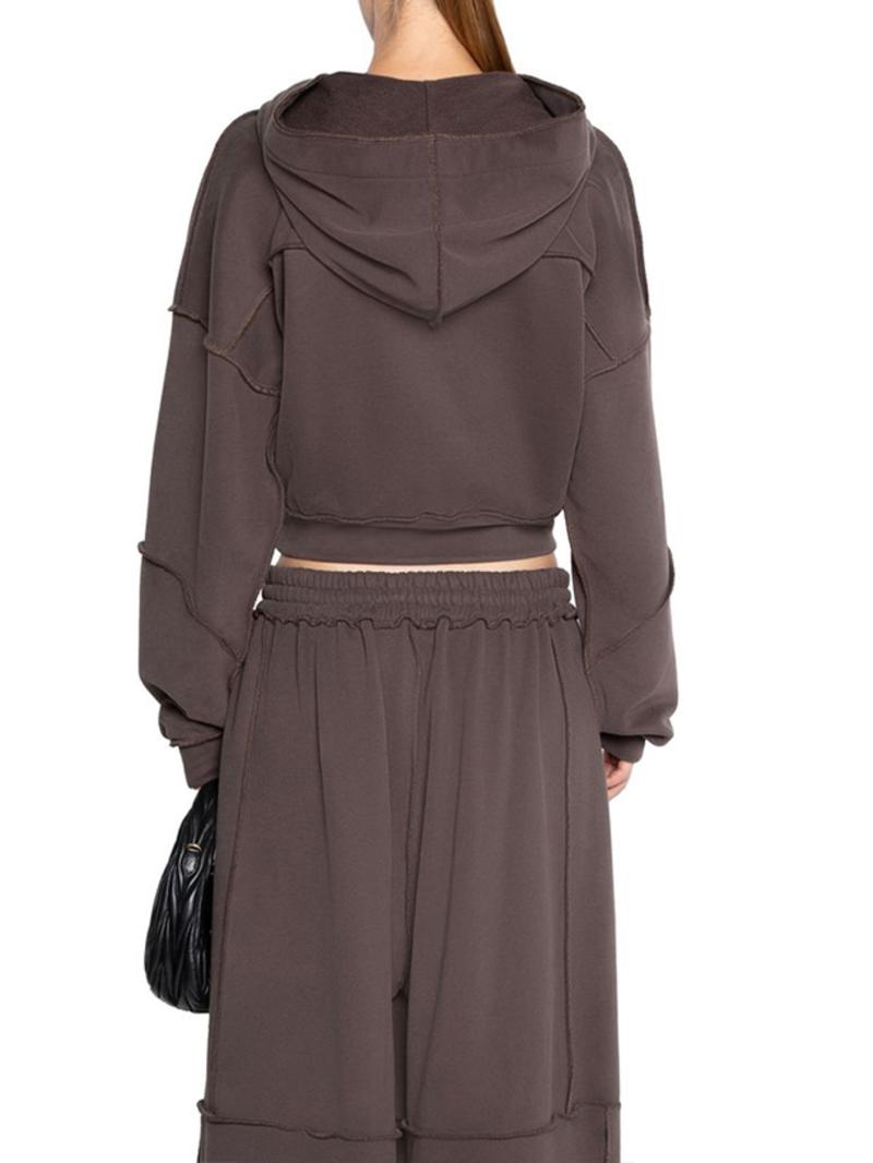 Women's Solid Zip Up Hooded Sweatshirt & Pocket Elastic Waist Pants Two-piece Set, Casual Outfits Women, Casual Drop Shoulder Long Sleeve Top & Trousers for Fall & Winter, Women's Clothes for Daily Wear, Brown,Airport Outfit