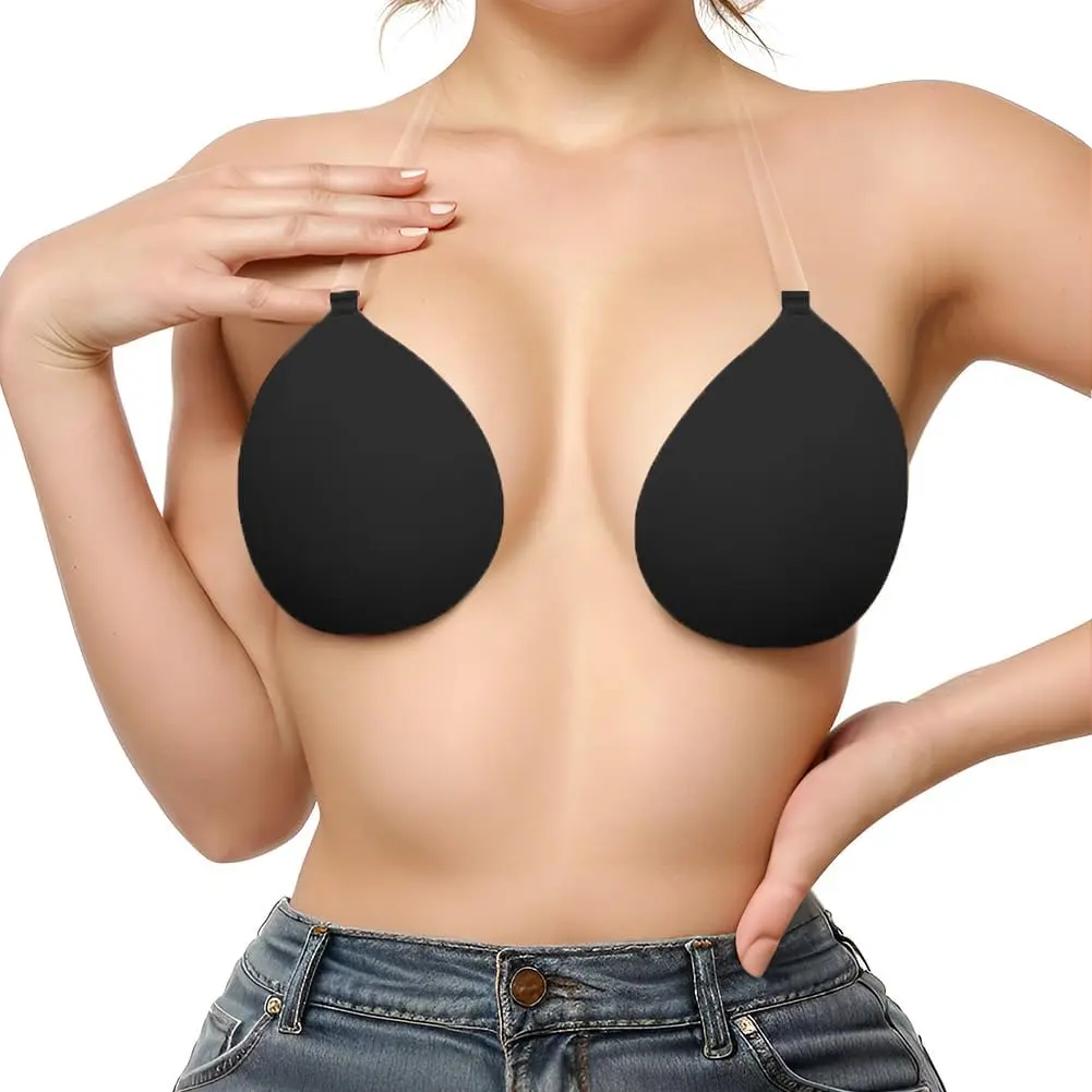Women's Wardrobe Invisible Adhesive Push-Up Bra Sticky Strapless Bra with Clear Halter Neck Strap for Backless Dresses/Tops