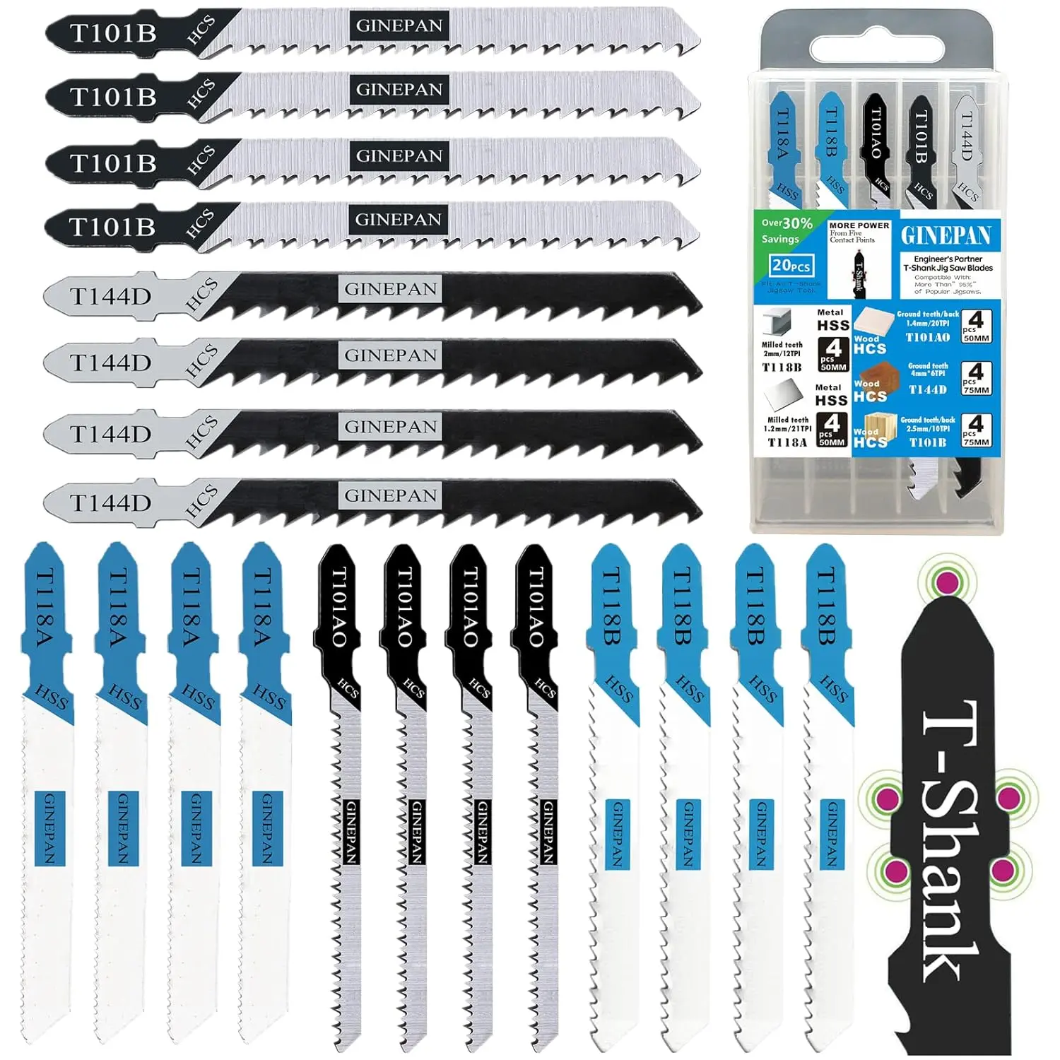 20PCS T Shank Jigsaw Blades Tool for Wood Compatible with 90% Jig Saws Such+ SKIL  Includes 4 Each of T101B T101AO T144D T118A & T118B