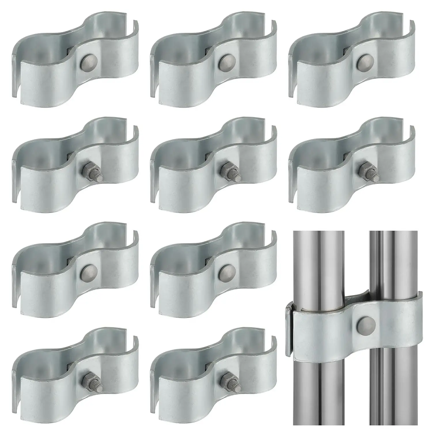 10 Sets 1-5/8 Inch Galvanized Chain Link Fence Panel Clamps for OD Round Pipe - Dog Kennel Hardware, Heavy Duty and Rust Resistant