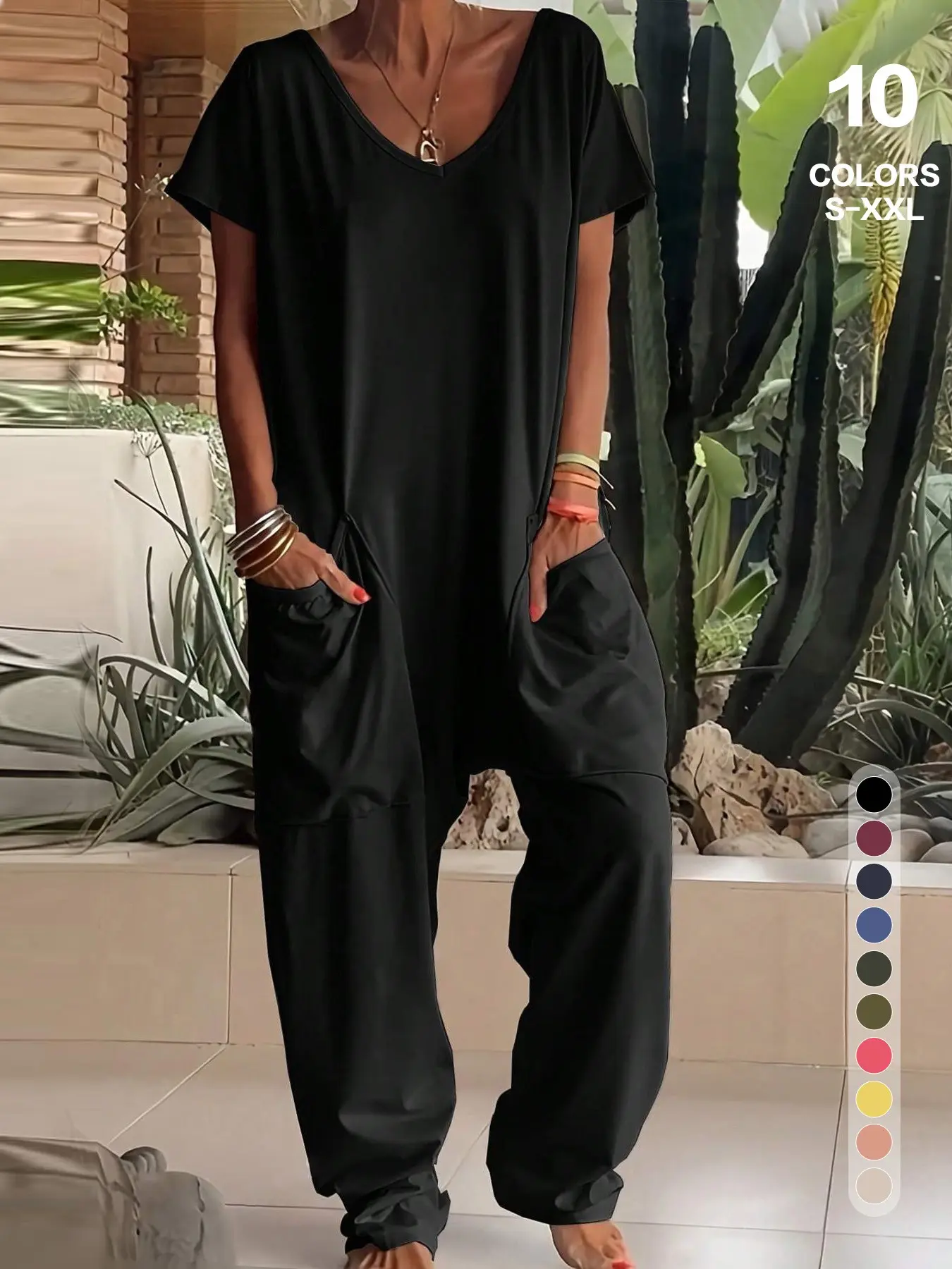 Women Loose Fit Deep V Neck Jumpsuit, Soft Stretchy Casual Wide Leg Pajama Romper, Big Side Pockets, Comfortable Loungewear
