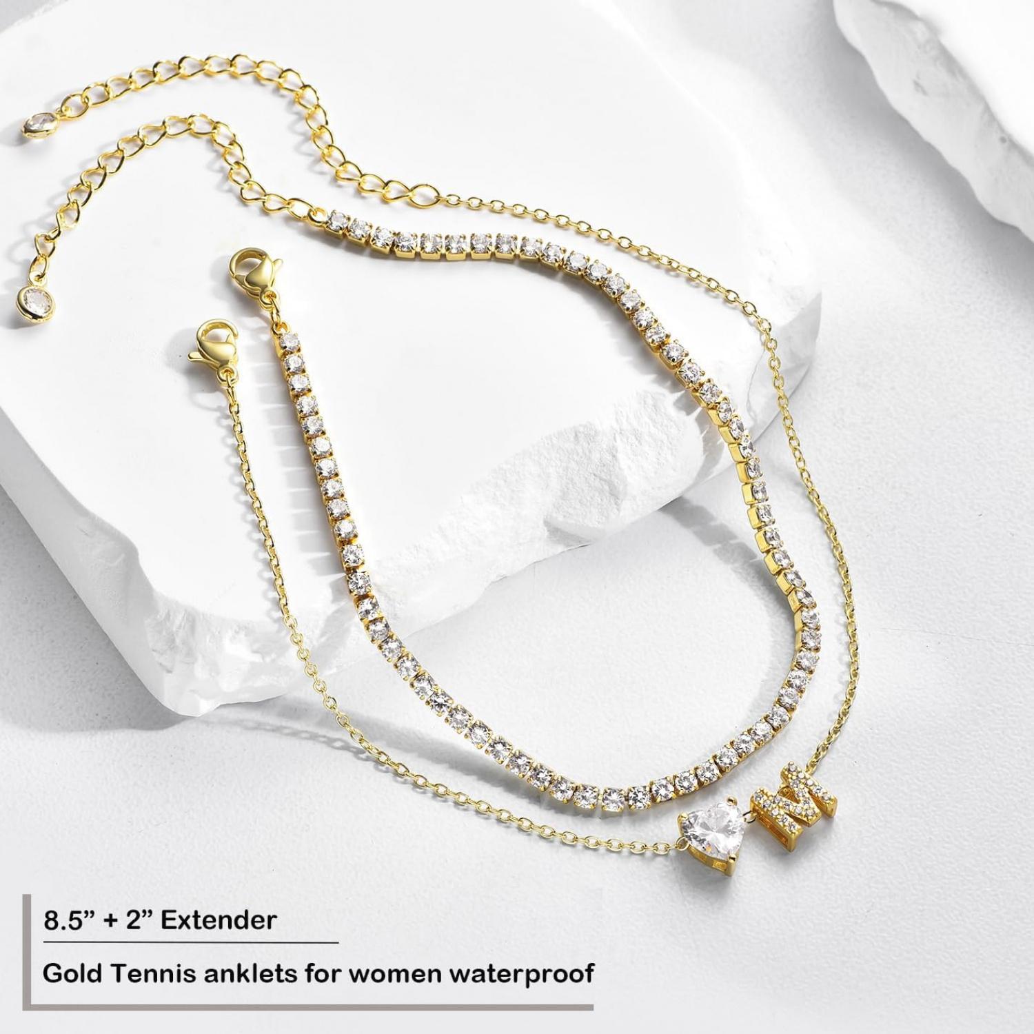 14K Gold Filled Initial Ankle Bracelets for Women - Waterproof Non-Tarnish Layered Anklets Adjustable Large Size Summer Beach Foot Jewelry